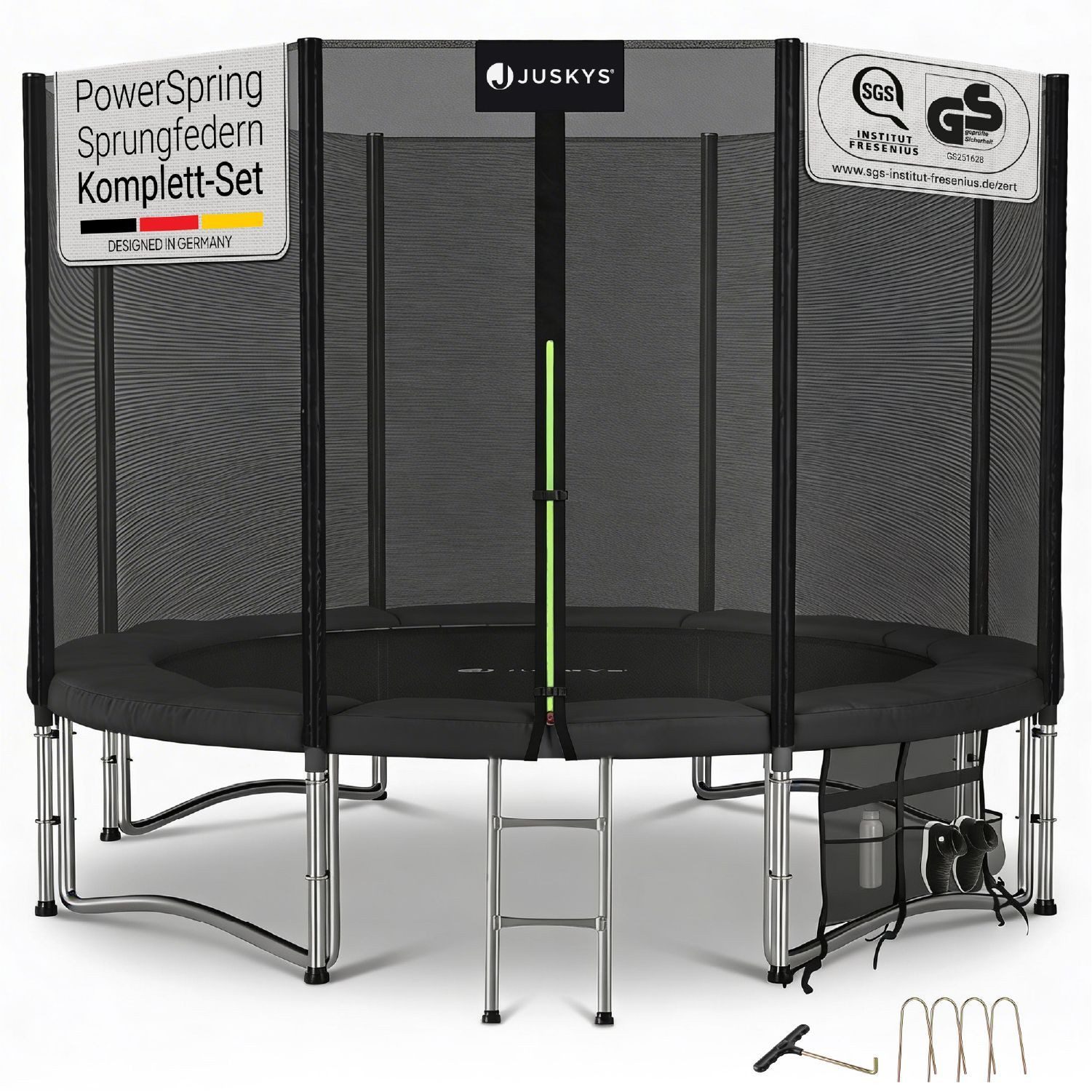 Juskys Gartentrampolin JumpMaster, Ø 305 cm, Komplett-Set mit Leiter, Getränkehalter, Bodenanker