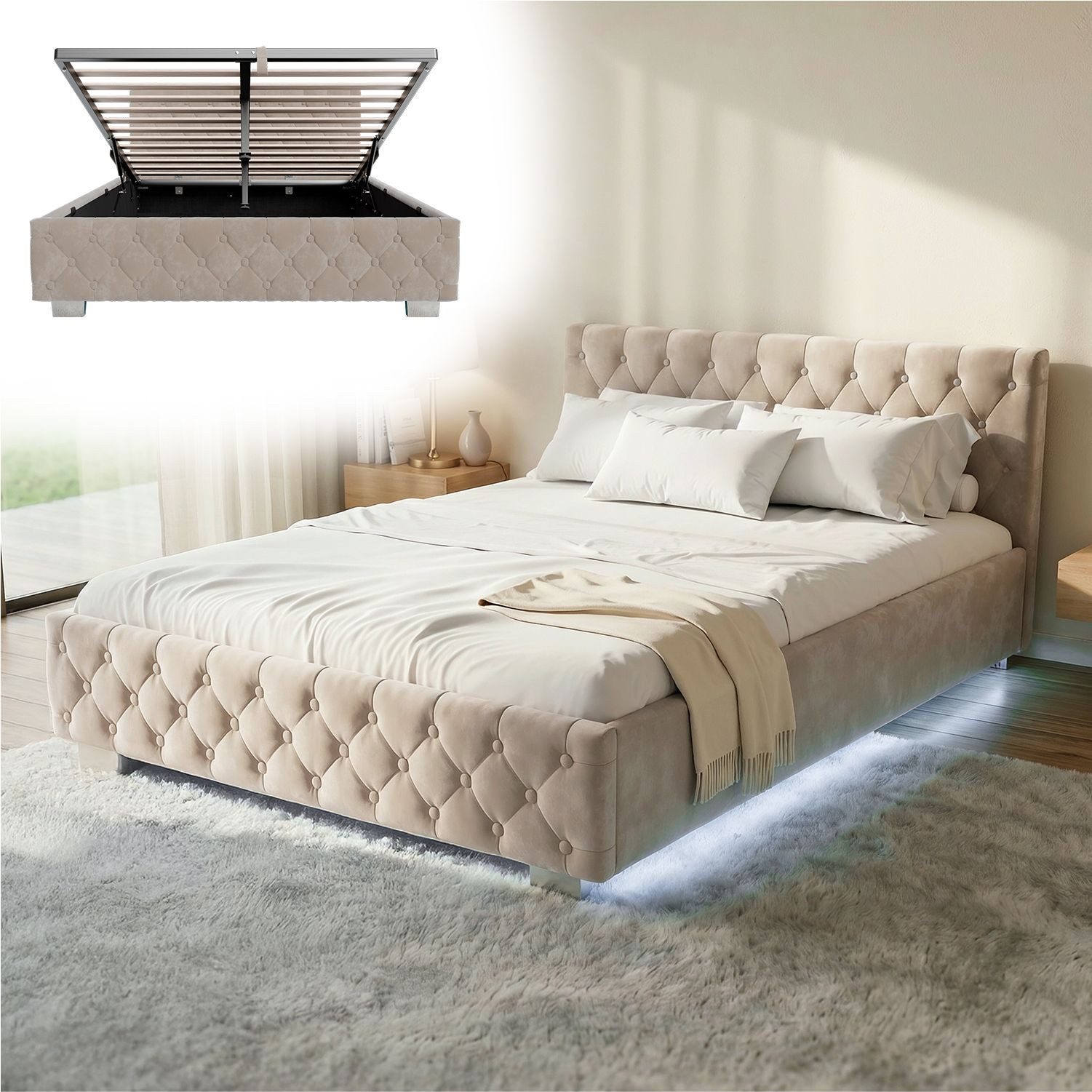 Juskys Polsterbett Nizza, Stauraum, LED Licht, Chesterfield Steppung, Samtbezug