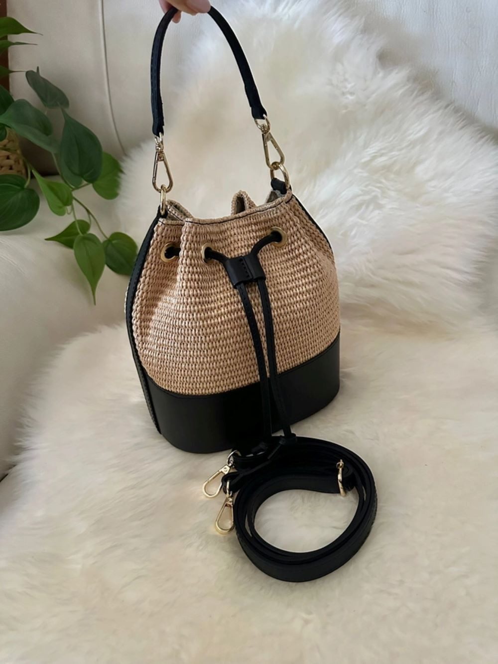 Goodman Design Handtasche Beuteltasche aus Raffia und Echtleder – Handgefertigt in Italien, Langlebig, leicht und perfekt für Frühling und Sommer