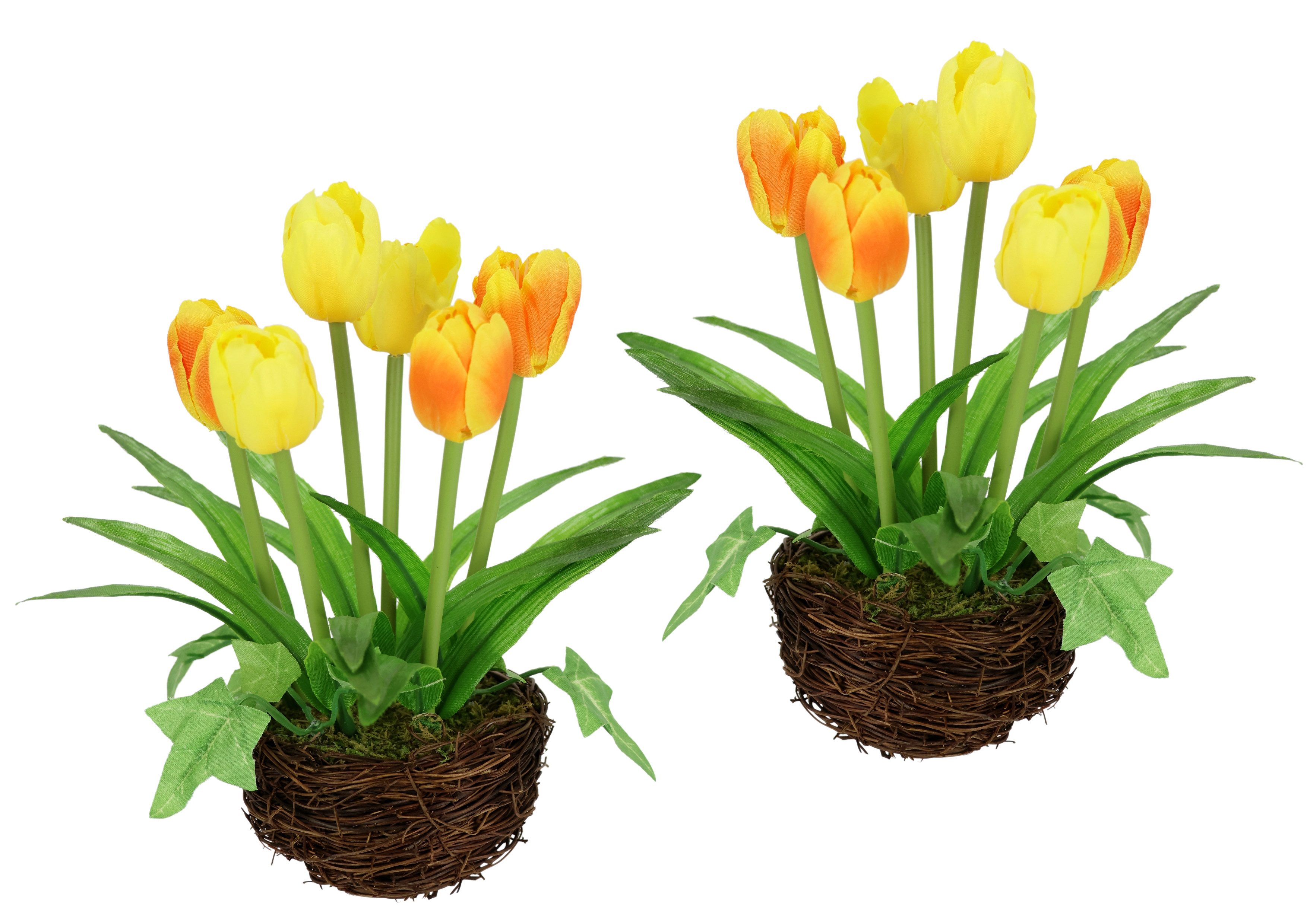 Kunstblume Gesteck Tulpe im Weidenest 2er Set 20cm Tulpe, I.GE.A., Höhe 20 cm, Kunstblume Blumen Frühjahrsdeko Osterdeko Seidenblume Zimmerpflanze