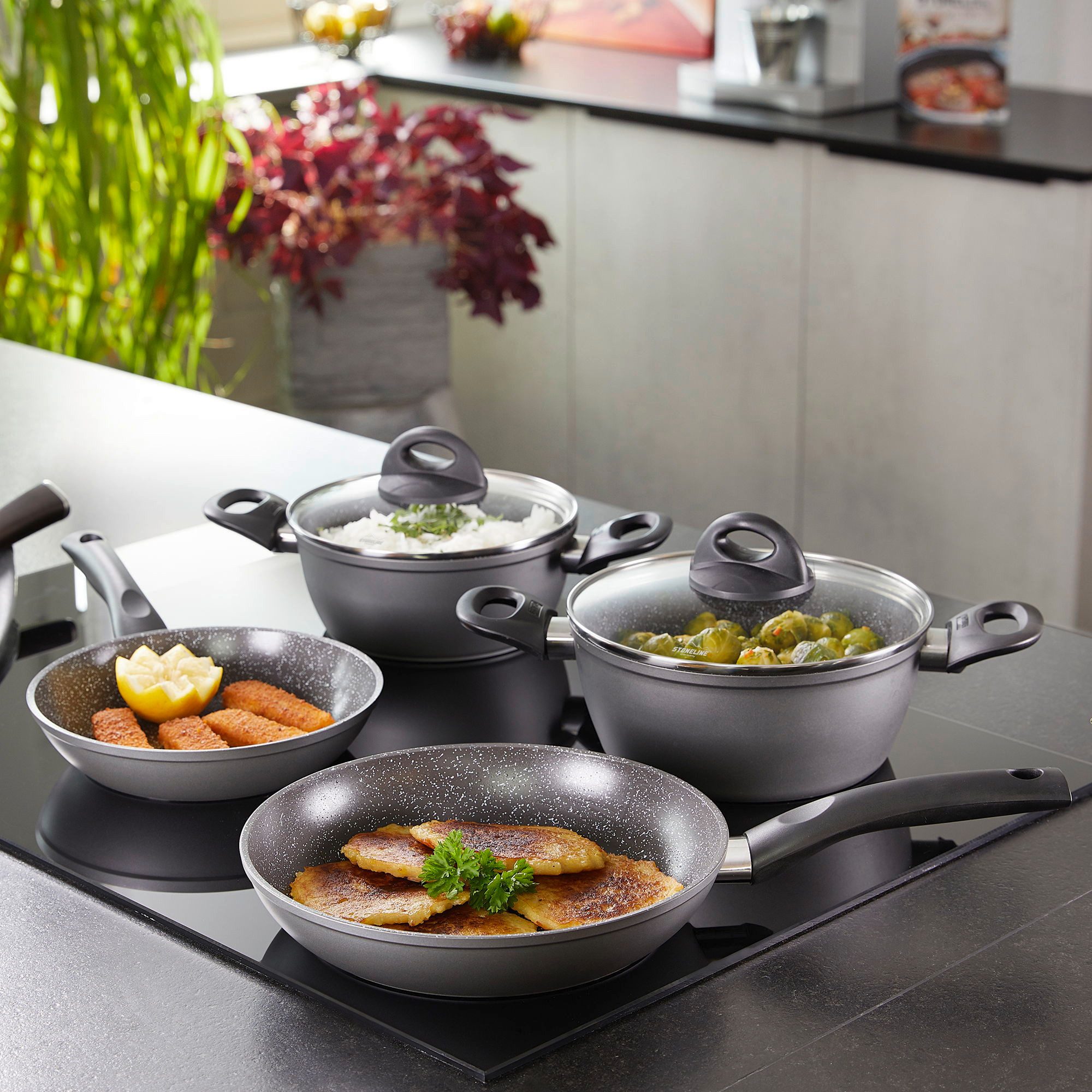 STONELINE Topf-Set, Aluminium, Keramik (14-tlg), mit echten Steinpartikeln, induktionsgeeignet, Designed in Germany