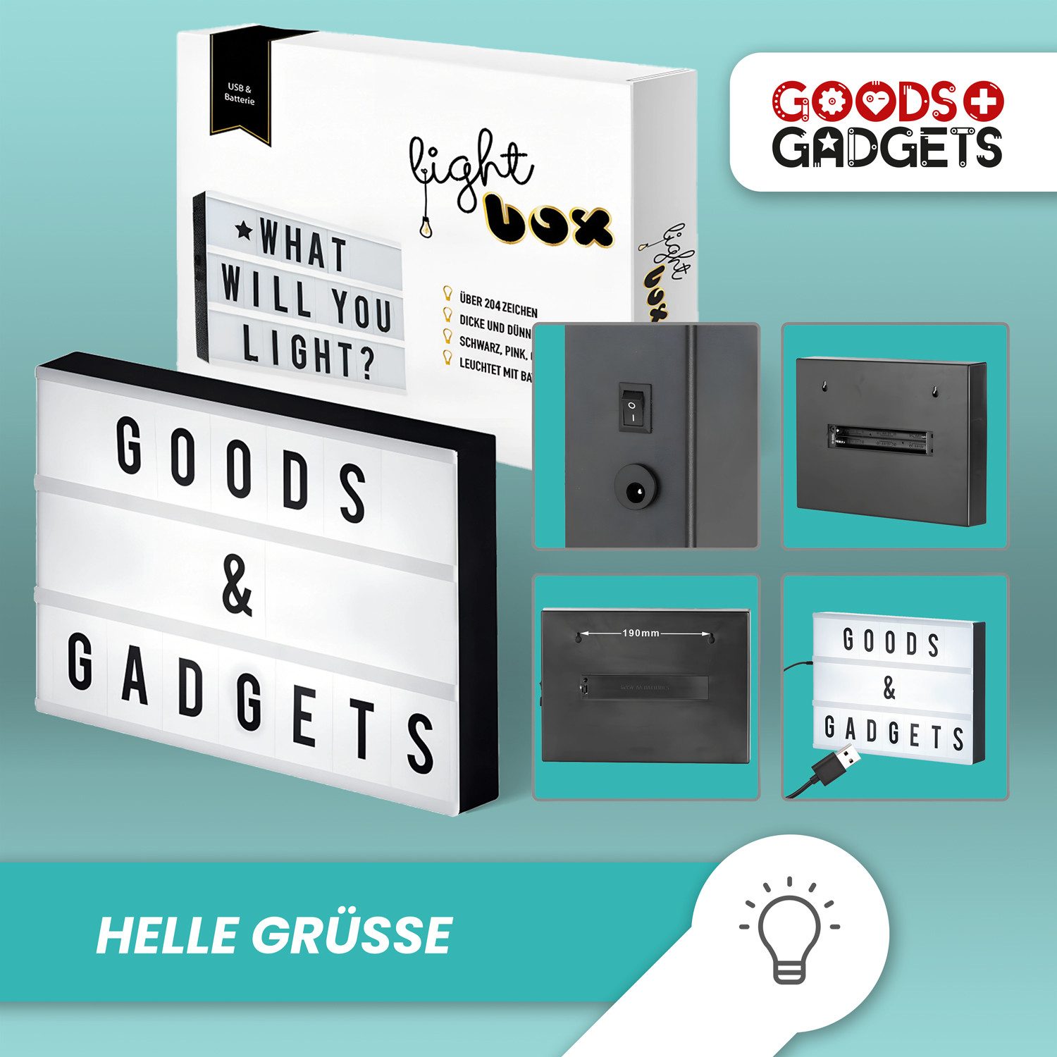 Goods+Gadgets LED Lichtbox GOODS+GADGETS LED Lightbox mit Buchstaben - Botschaftsbox, LED fest integriert, Light-Box Leuchtkasten