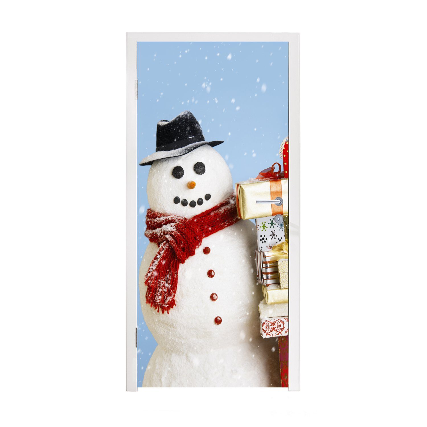 MuchoWow Türtapete Ein Schneemann mit Weihnachtsgeschenken, Matt, bedruckt, (1 St), Fototapete für Tür, Türaufkleber, 75x205 cm