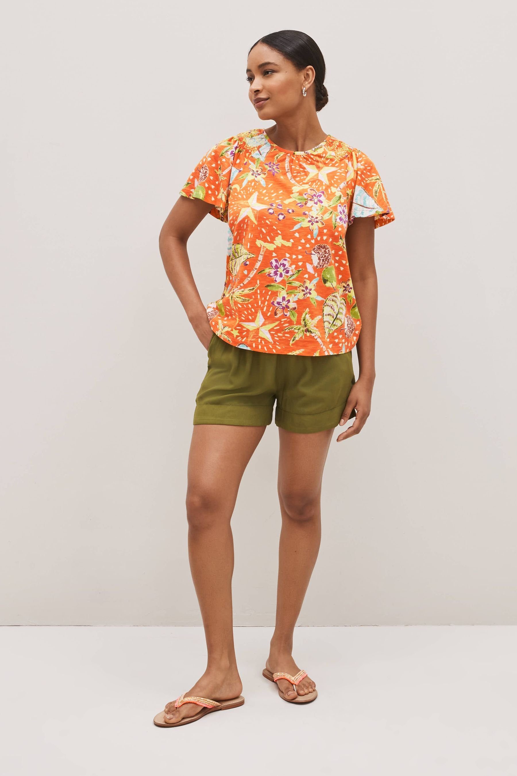 T-Shirt Gesmoktes Tropical Kurzarm-Top mit Next Ausschnitt rundem Orange (1-tlg)