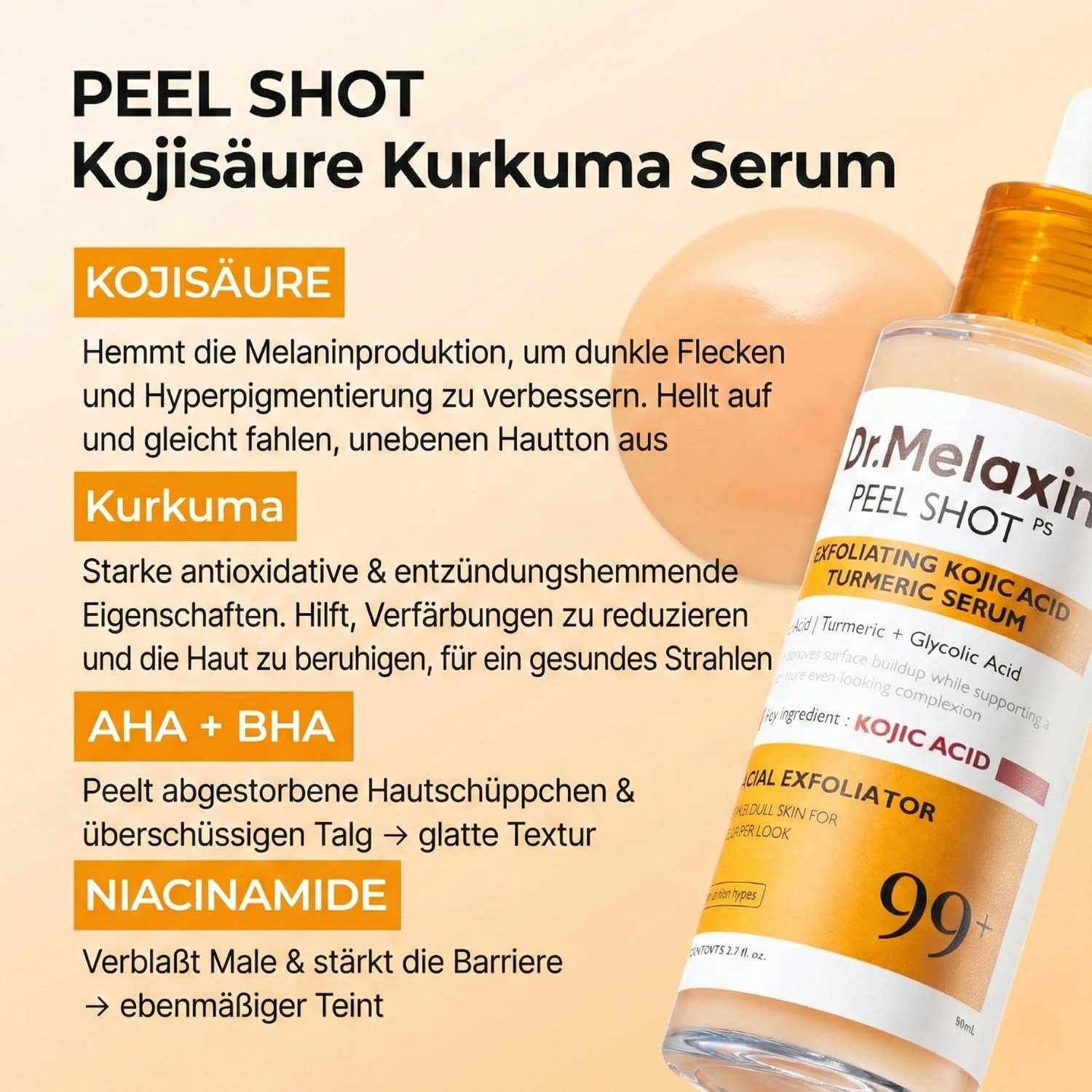 Dr.Melaxin Gesichtsserum Peel Shot Exfoliating Kojic Acid Turmeric Serum 80ml – Kojic Acid Turmeric Serum mit AHA PHA Peeling, Niacinamide &, Hyaluron, Dark Spots Care für ebenmäßige Haut