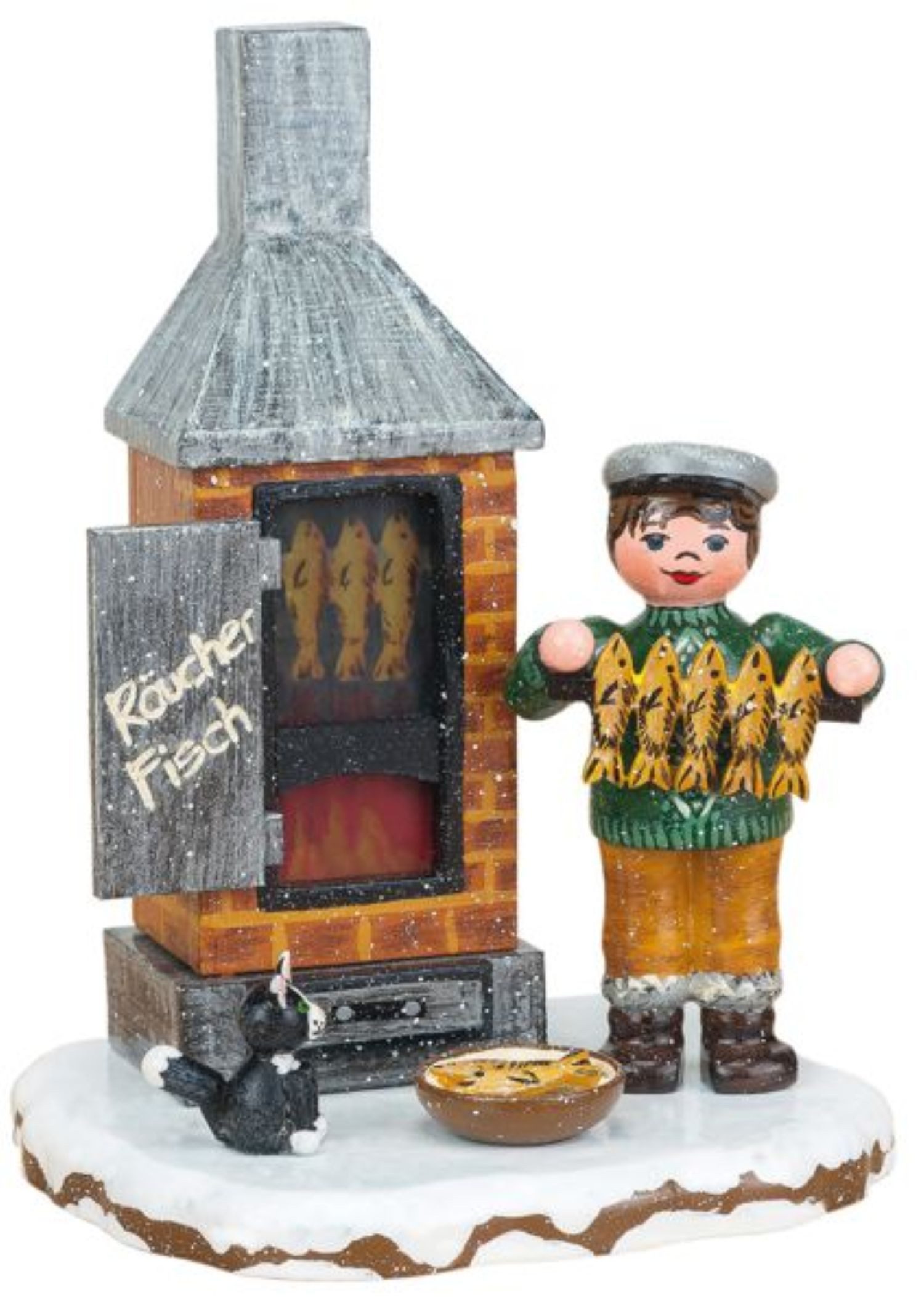 Original Hubrig (Hubrig Volkskunst GmbH) Dekofigur Fischräucherei, elektrisch beleuchtet, Serie: Winterkinder, handbemalt