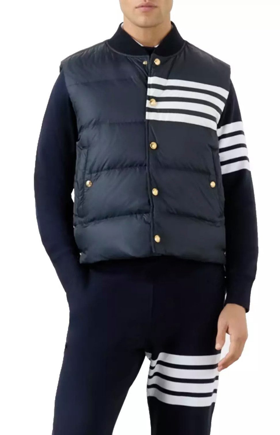 THOM BROWNE Daunenweste mit Streifen 4-bar Daunen Jacke gestreiftes Signature-Futter, Goldfarbene Druckknöpfe mit Logo