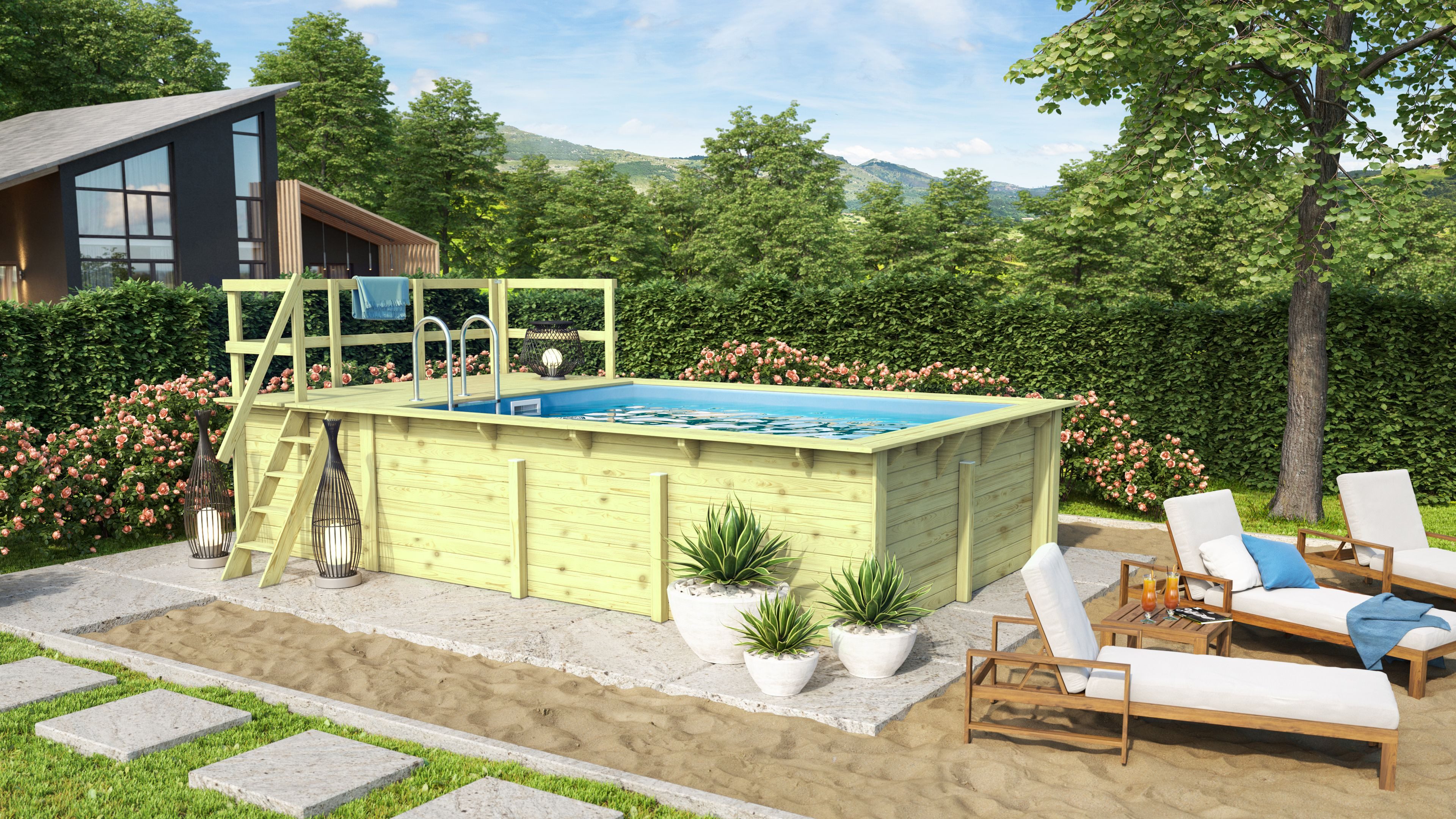 Karibu Rechteckpool Massivholzpool kdi Schwimmbecken Gartenpool, Massivholz, witterungsbeständig, wetterfest