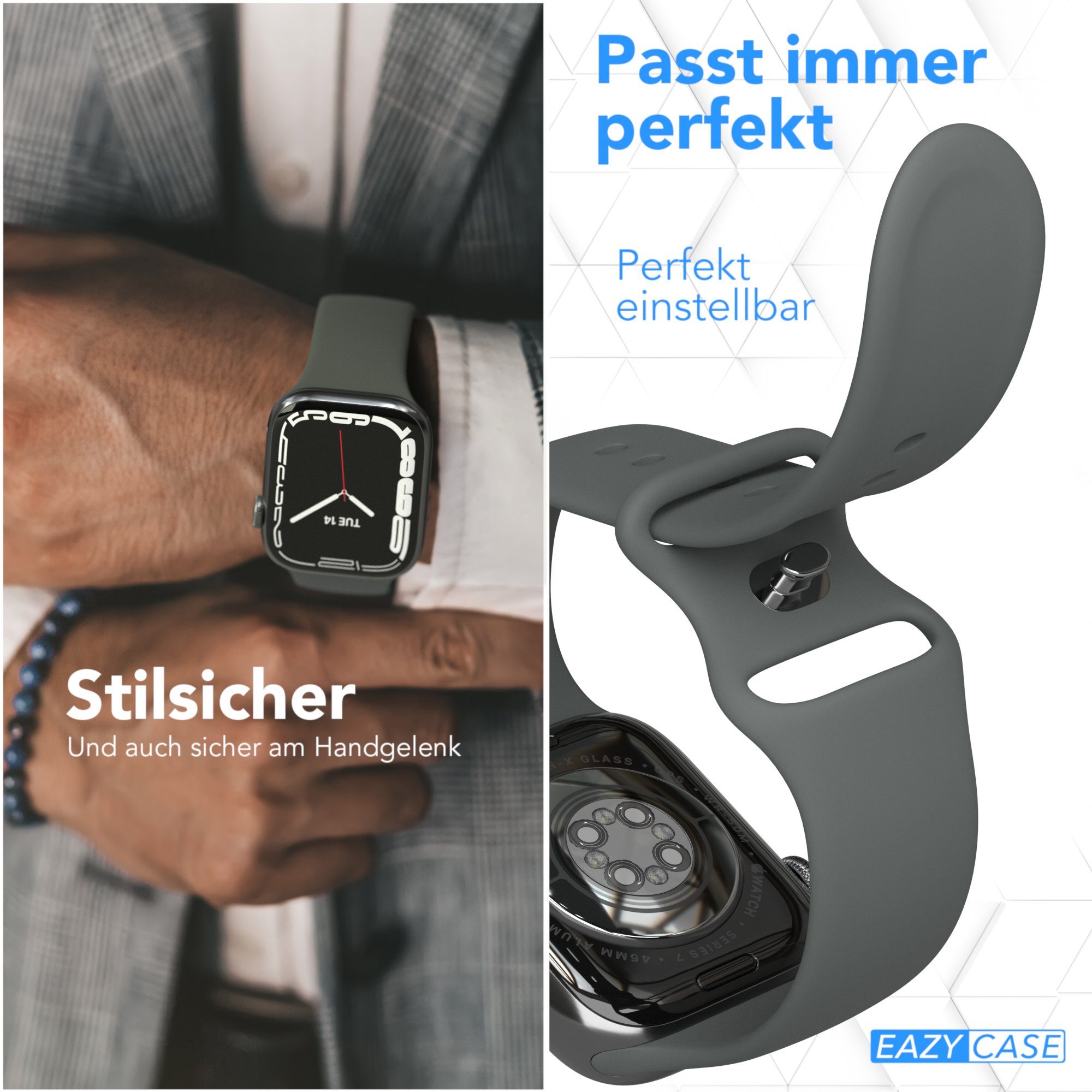 EAZY CASE Smartwatch-Armband Silikon Armband iWatch 11 10 9 8 7 6 5 4 3 2 SE Ultra, Flexibles Silikon Uhrenband Apple Watch 38-42 mm Grau Sport