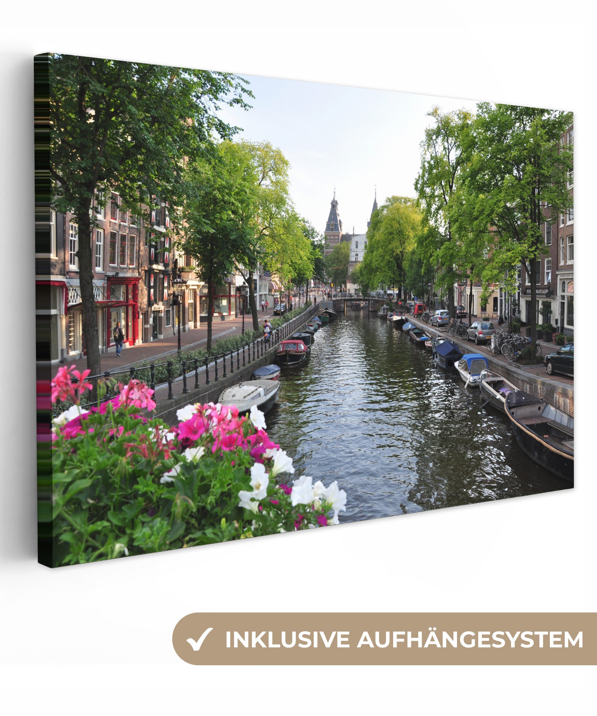 OneMillionCanvasses® Leinwandbild Amsterdam - Sommer - Blumentöpfe, Fotodruck (1 St), Wandbilder Wohnzimmer Schlafzimmer 90x60 cm