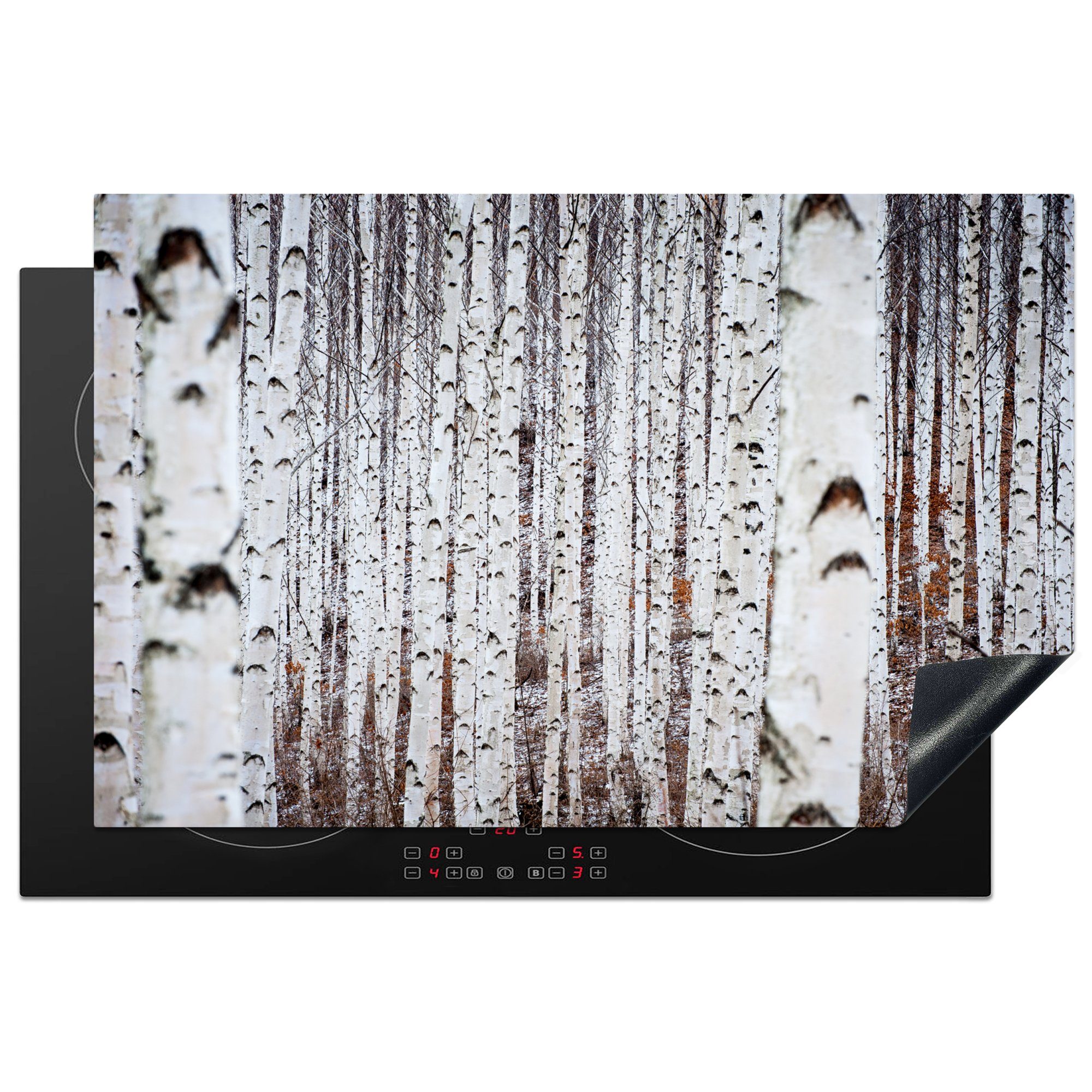 Ceranfeldabdeckung Wald, küche, einem Mehrere die schwarze und cm, (1 Herdblende-/Abdeckplatte tlg), Vinyl, für Baumstämme Induktionskochfeld 81x52 in weiße Schutz MuchoWow