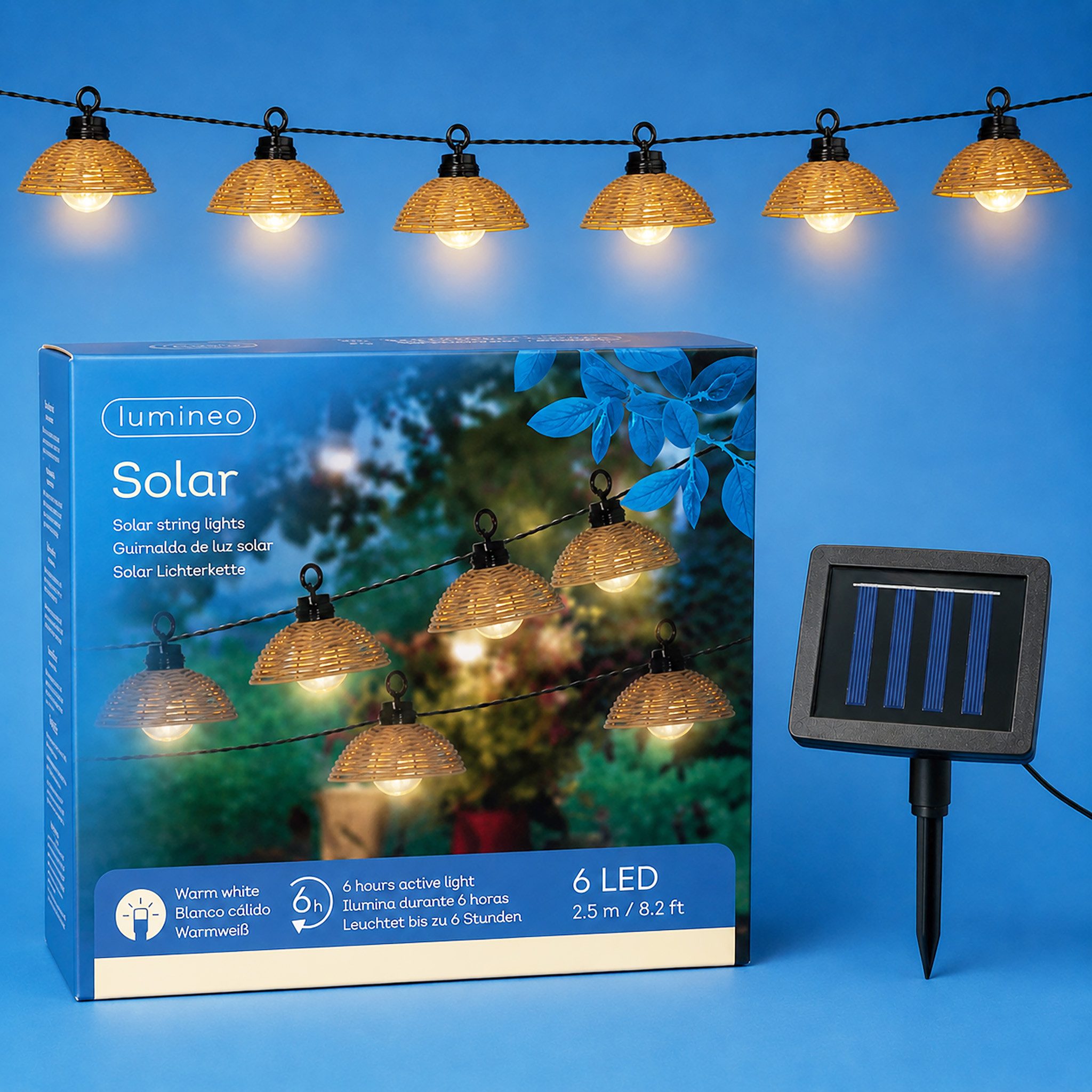 Lumineo LED-Lichterkette, Solar LED Lichterkette 2,5m Kunststoff in Rattan-Optik Warmweiß