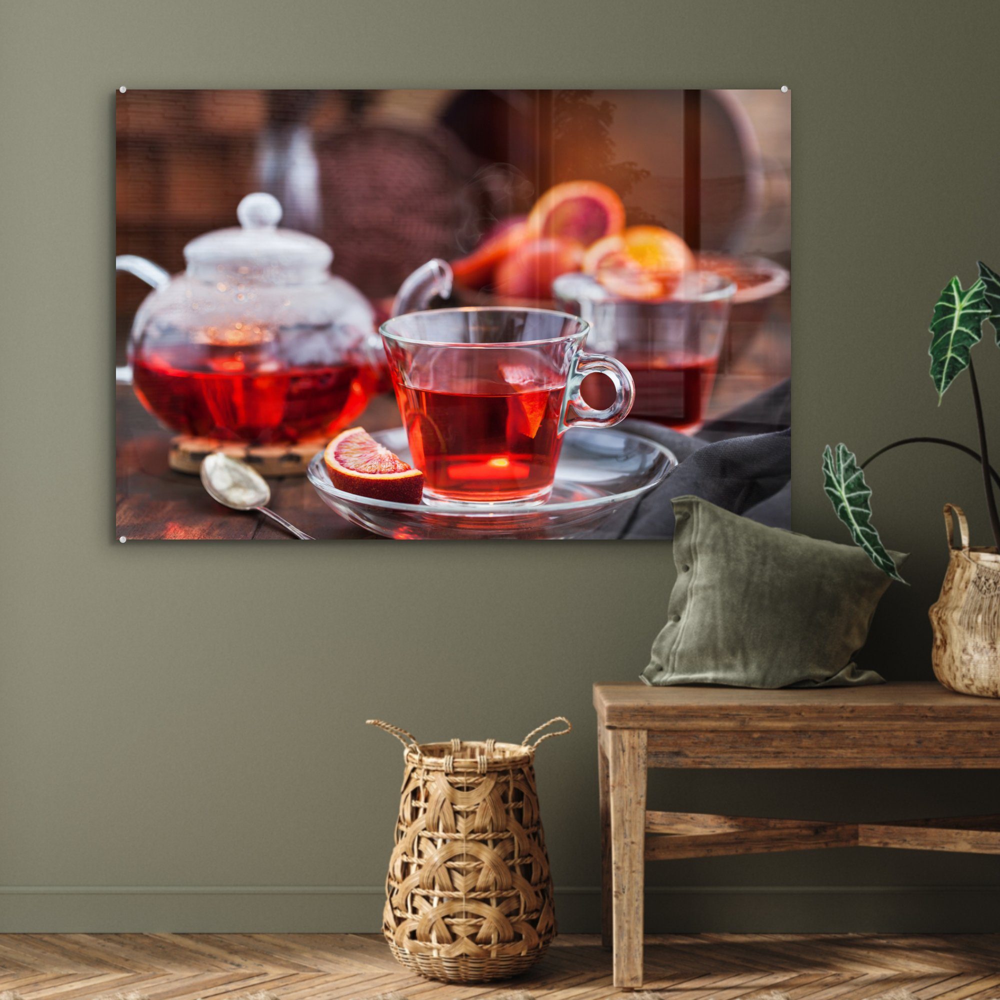 Rotglühender Teekanne Holzrahmen, Wohnzimmer auf Glasbecher Schlafzimmer Acrylglasbild und in Acrylglasbilder MuchoWow Hibiskustee (1 St), &
