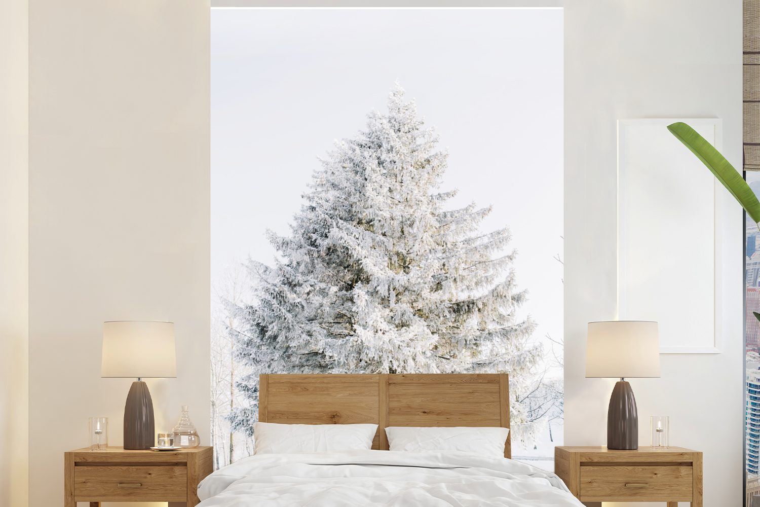 Winter Fototapete St), Weiß, Montagefertig Matt, für (3 - Baum bedruckt, MuchoWow - - Vinyl - Wohnzimmer, Tapete Wandtapete Kiefer Schnee