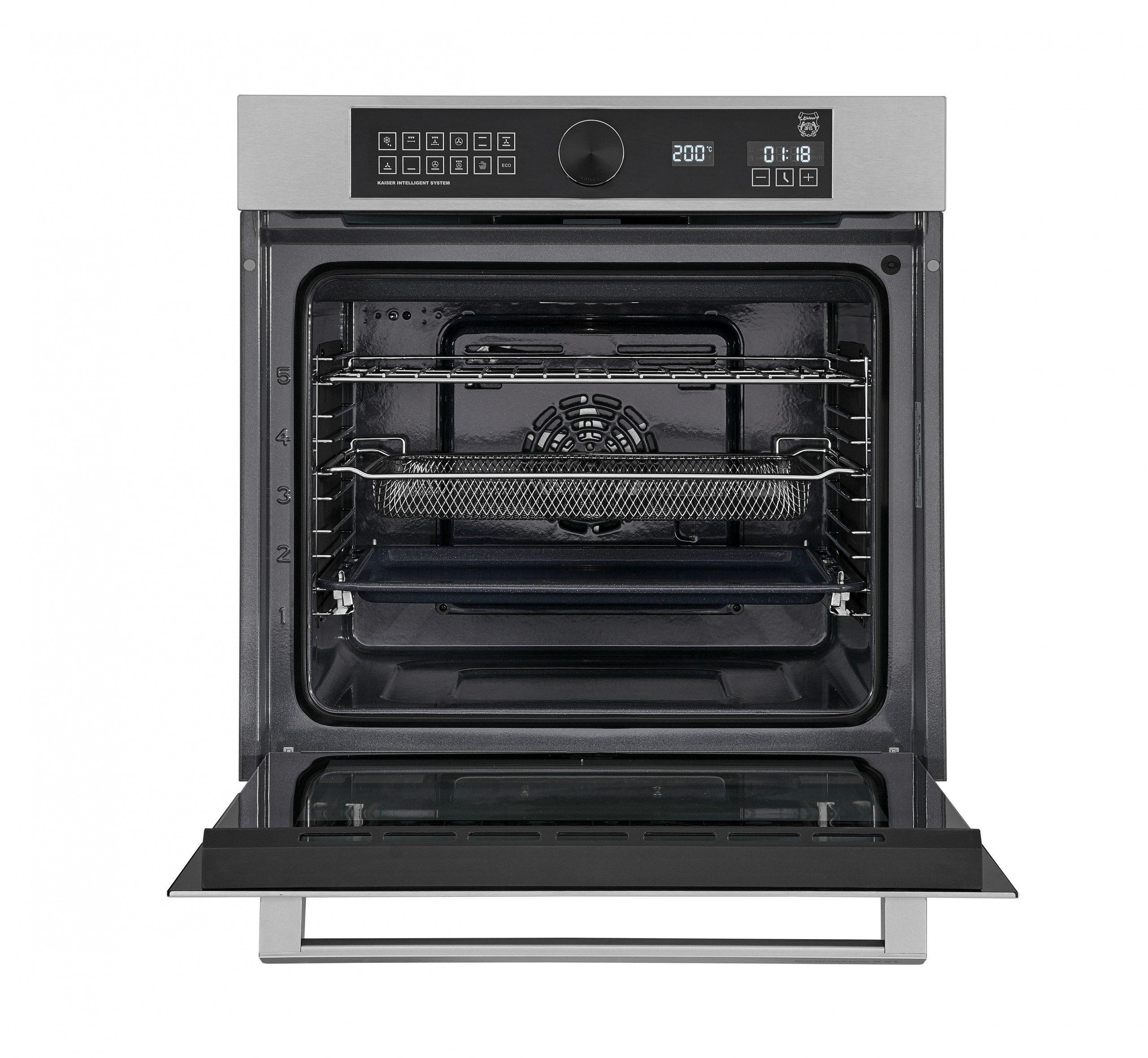 Kaiser Küchengeräte Einbaubackofen Edelstahl Einbau Backofen XXL 79L Air Fry Pizzastein Heißluftsystem Selbstreinigung EH 6451, mit 1-fach-Teleskopauszug, Grand Chef XXL Einbau-Elektrobackofen mit AirFry