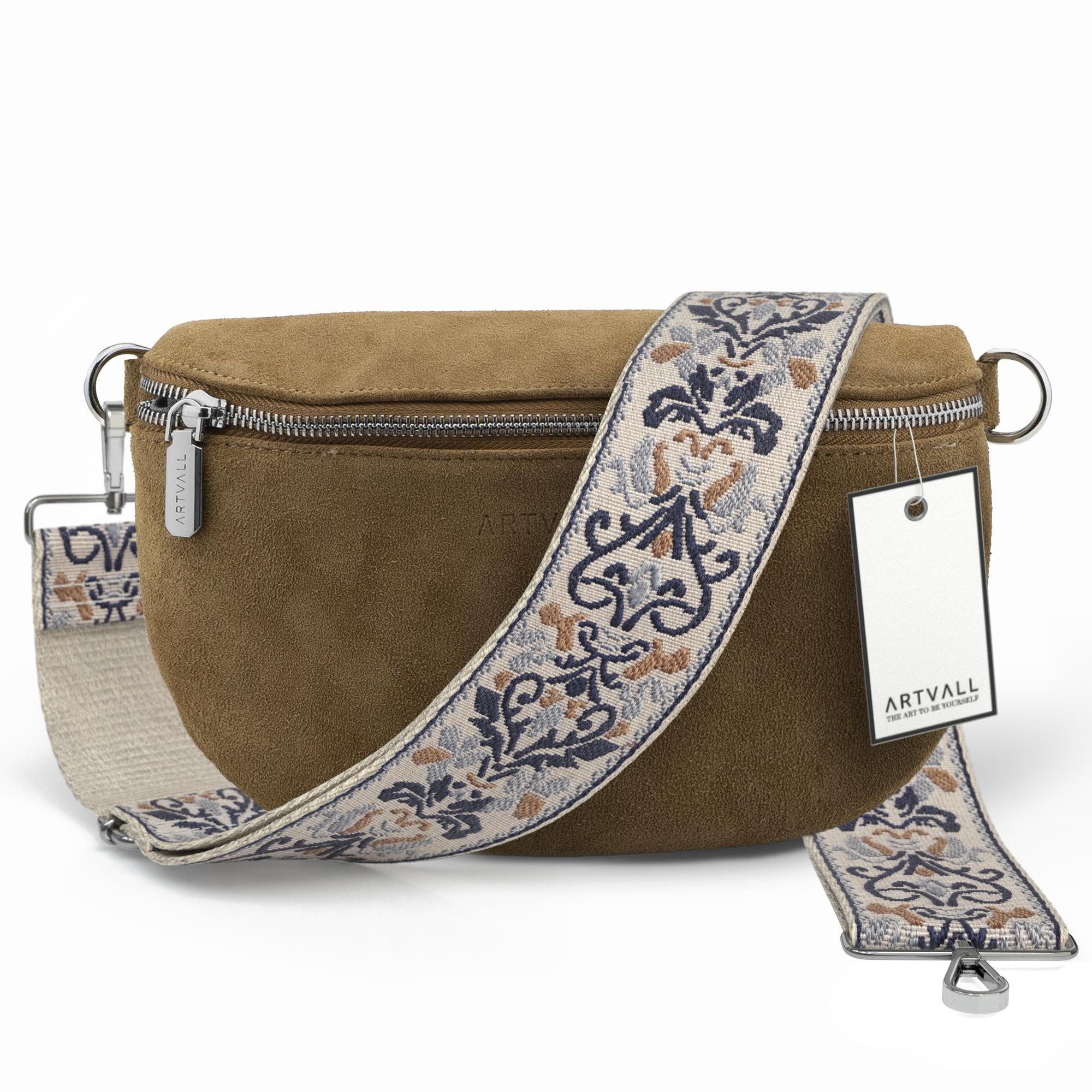 ARTVALL Umhängetasche Wildleder Handtasche Damen Brusttasche Hellbraun (Tasche inkl. Taschenband), Wildleder Bauchtasche mit Reißverschluss breites Schulterband Klein