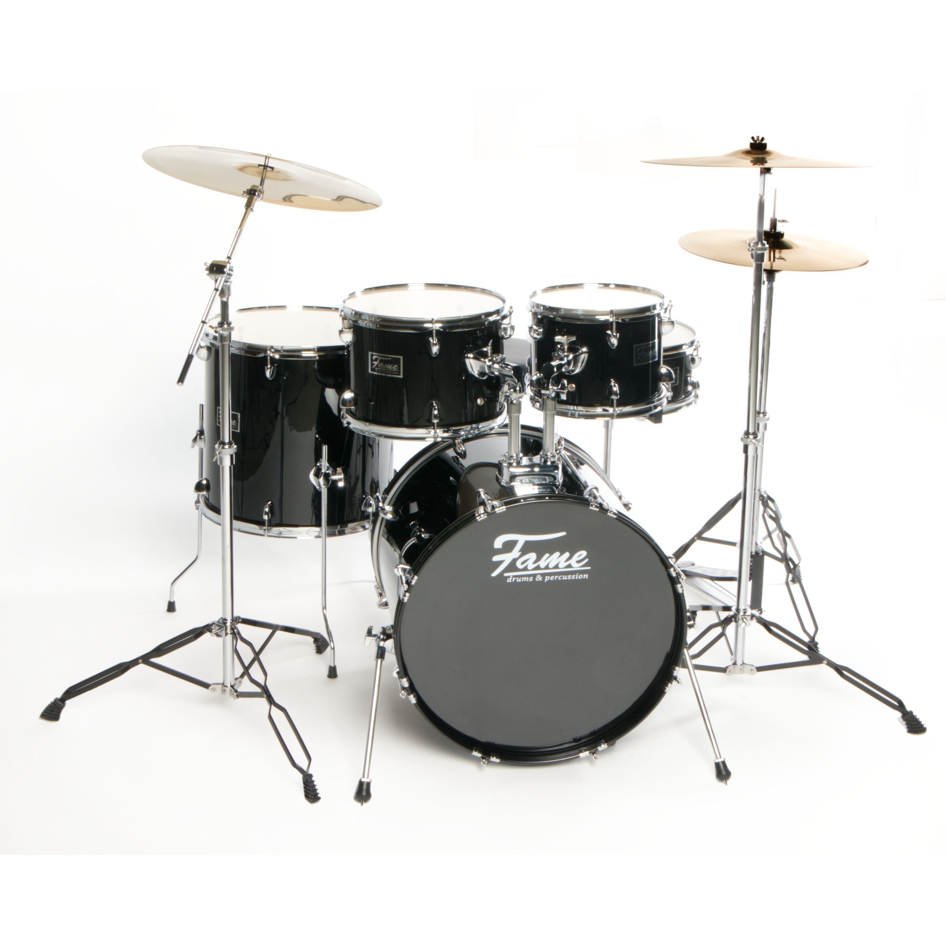 FAME Schlagzeug,FG20B-BK First Gig Studio Set, Schwarz, Komplettes Drum-Set, 20 Zoll BassDrum, Pappel-Kessel, Chrom-Hardware, Inklusive Becken und Tomhalter, Ideal für Einsteiger, FG20B-BK, Drum-Set, Einsteiger, Schwarz