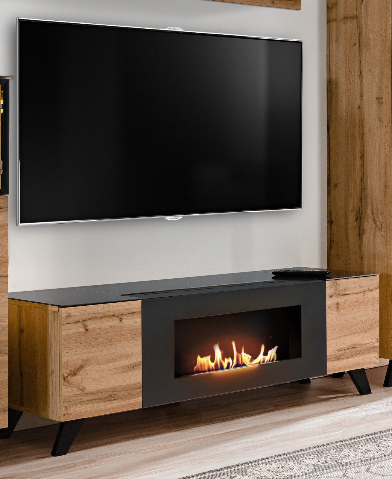 Furn.Design TV-Board Heritage (TV Lowboard in Wotan Eiche mit Schwarz, 2-türig, 150 x 47 cm), Push-To-Open-Funktion und integrierter Kamin – Bild 5 von 5