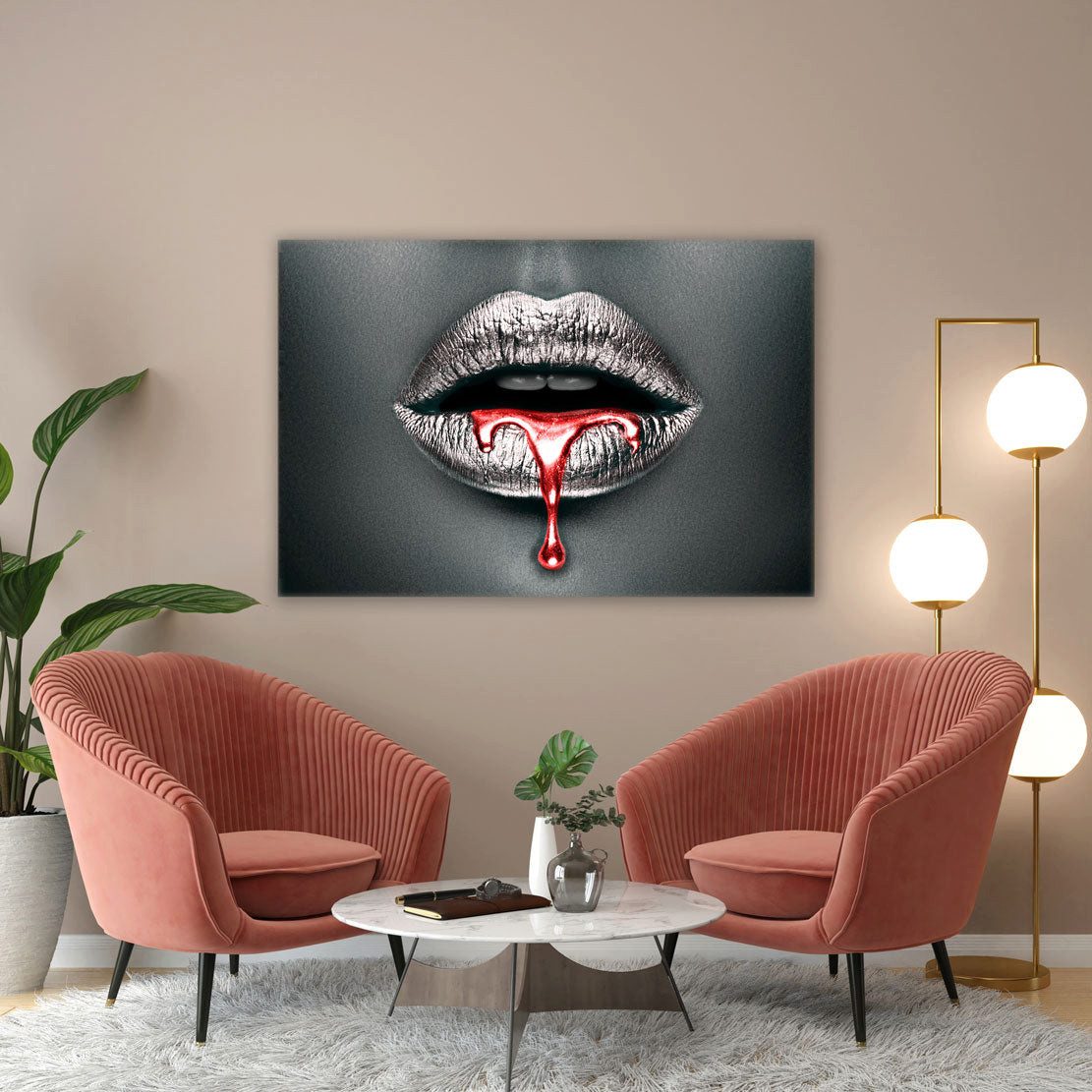 Artedinoi Leinwandbild Silberne Lippen roter Tropfen Leinwandbild Wandbild Deko XL, Gesicht mit silbernen Lippen