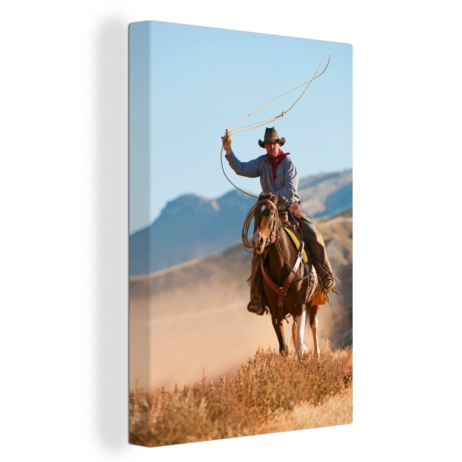 OneMillionCanvasses® Leinwandbild Ein Cowboy mit einem Lasso, (1 St), Leinwandbild fertig bespannt inkl. Zackenaufhänger, Gemälde, 20x30 cm | Leinwandbilder