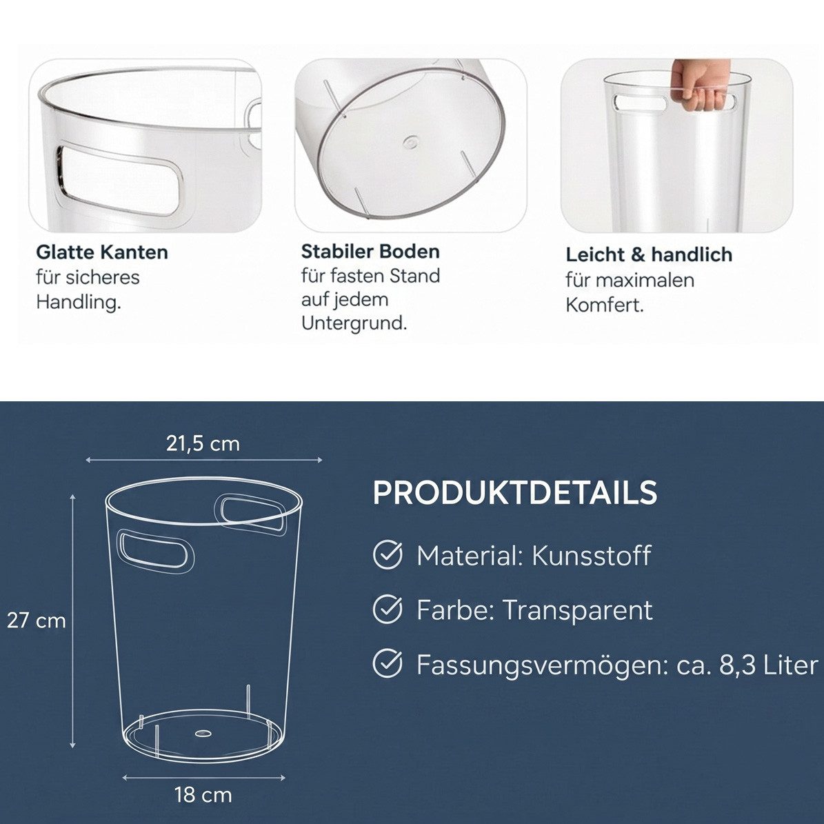 Sinoba Papierkorb 888 aus hochwertigem PET, Modern & transparent: Griffmulden, bruchsicher, pflegeleicht