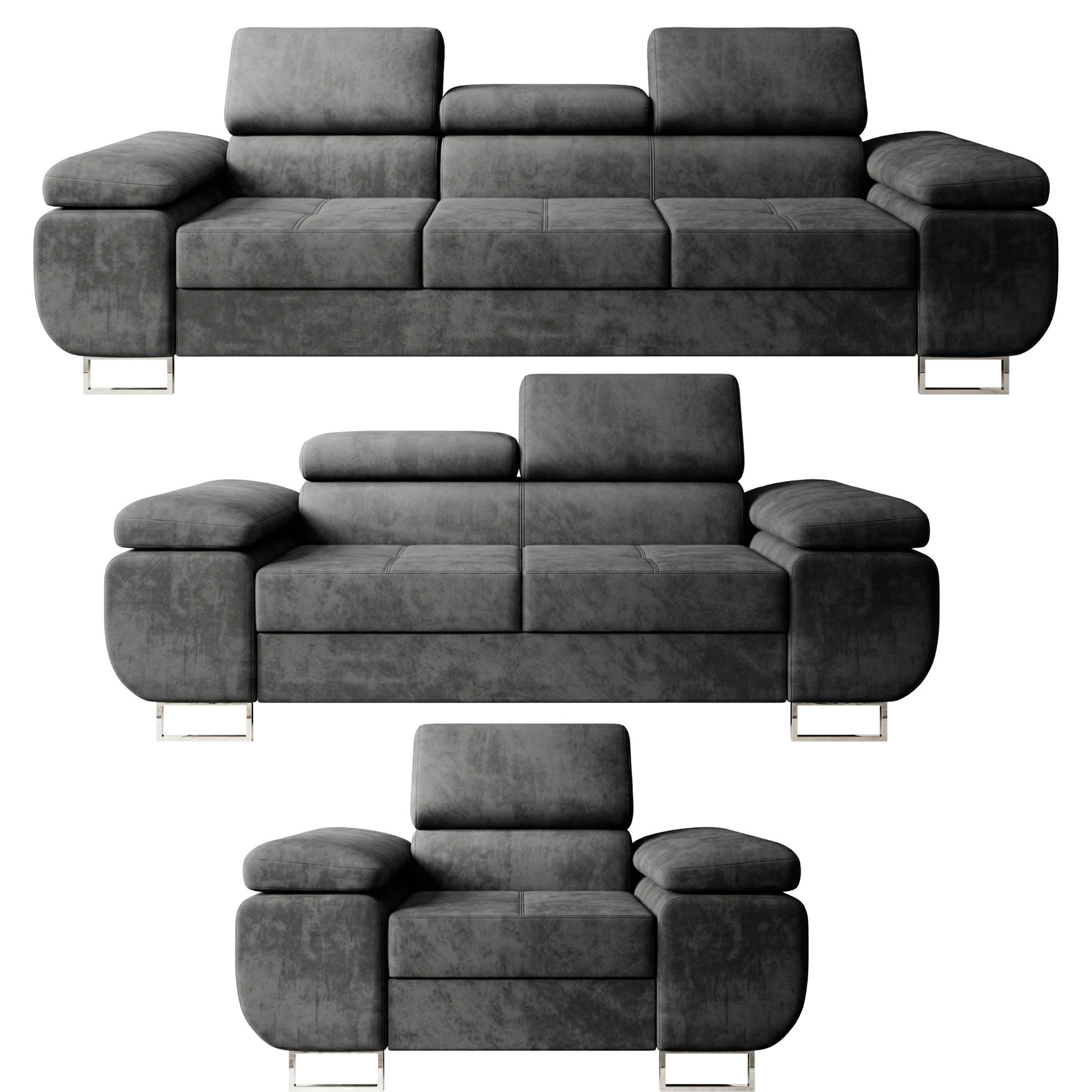 M-Punkt24 Polstergarnitur Sofa Wohnlandschaft DUBAI, (3-3-1, mit Bettfunktion, XL Sofa-Set, Bigsofa, Samt, Anthrazit, Grau), Bestehend aus 3-Sitzer mit Bettfunktion, 2-Sitzer, Sessel
