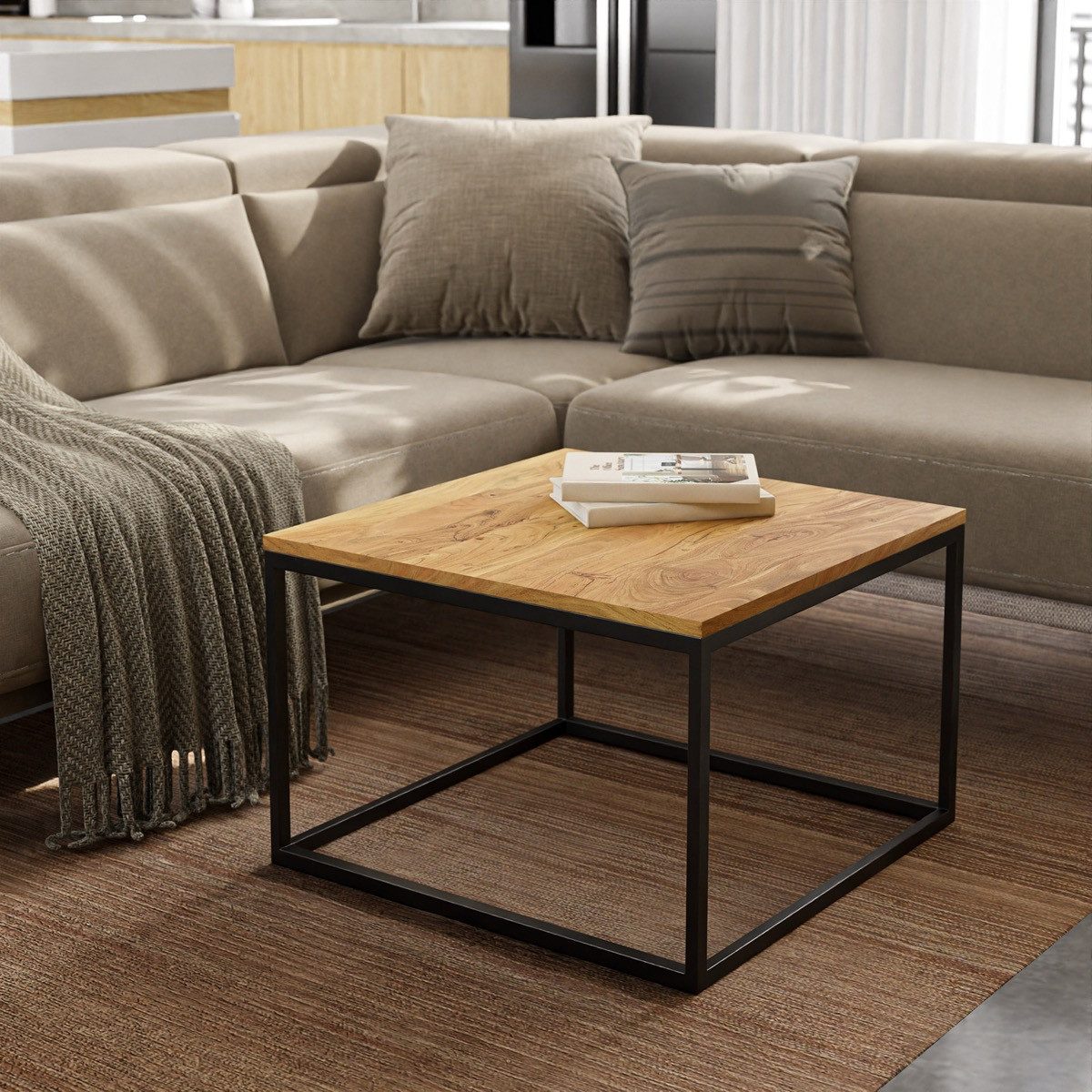 Liadomo Couchtisch Granada, Wohnzimmertisch, Sofatisch, Massivholztisch, Akazie Natur oder steingrau, Metallgestell, quadratisch, vormontiert