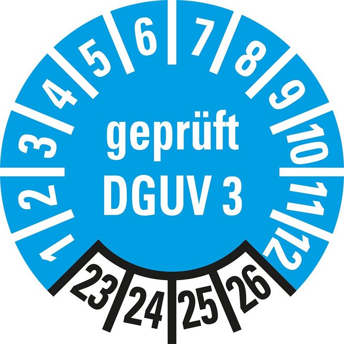 König Werbeanlagen Hinweisschild Prüfplakette geprüft nach DGUV 3 23-26 hellblau Dokumentenfolie Ø10mm 128/Bogen
