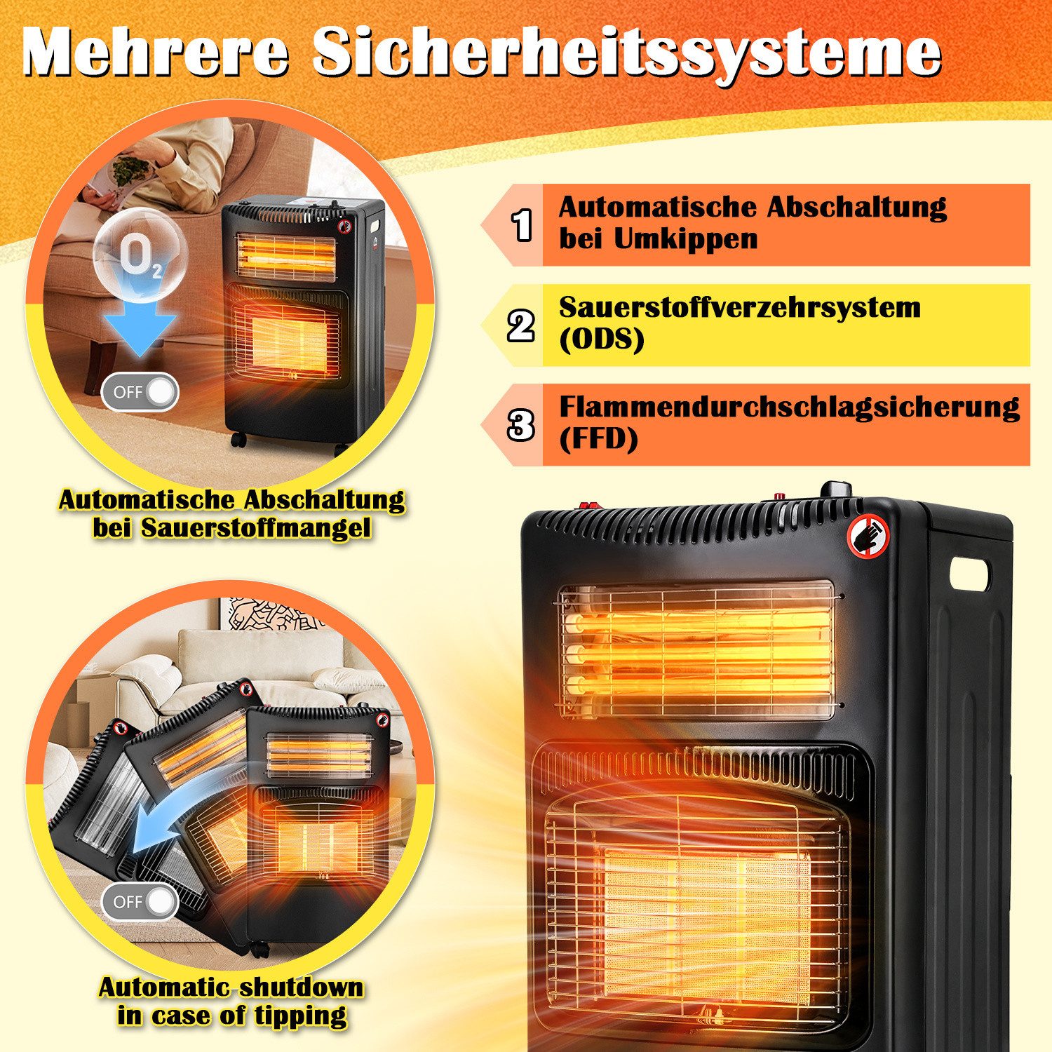 Clanmacy Heizgerät Keramik Gasheizgerät, Gas+Strom, inkl. Euro-Adapter, 42x36x72 cm, Piez, 4200 W – Bild 4 von 5