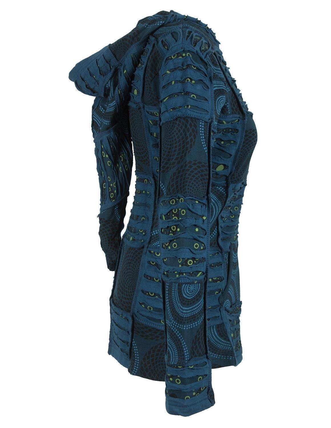 Style Patchworkjacke Zipfelkapuze türkis Kurze Ethno Cutwork Vishes mit Elfen, Goa, und Kapuzensweatjacke Hoodie,