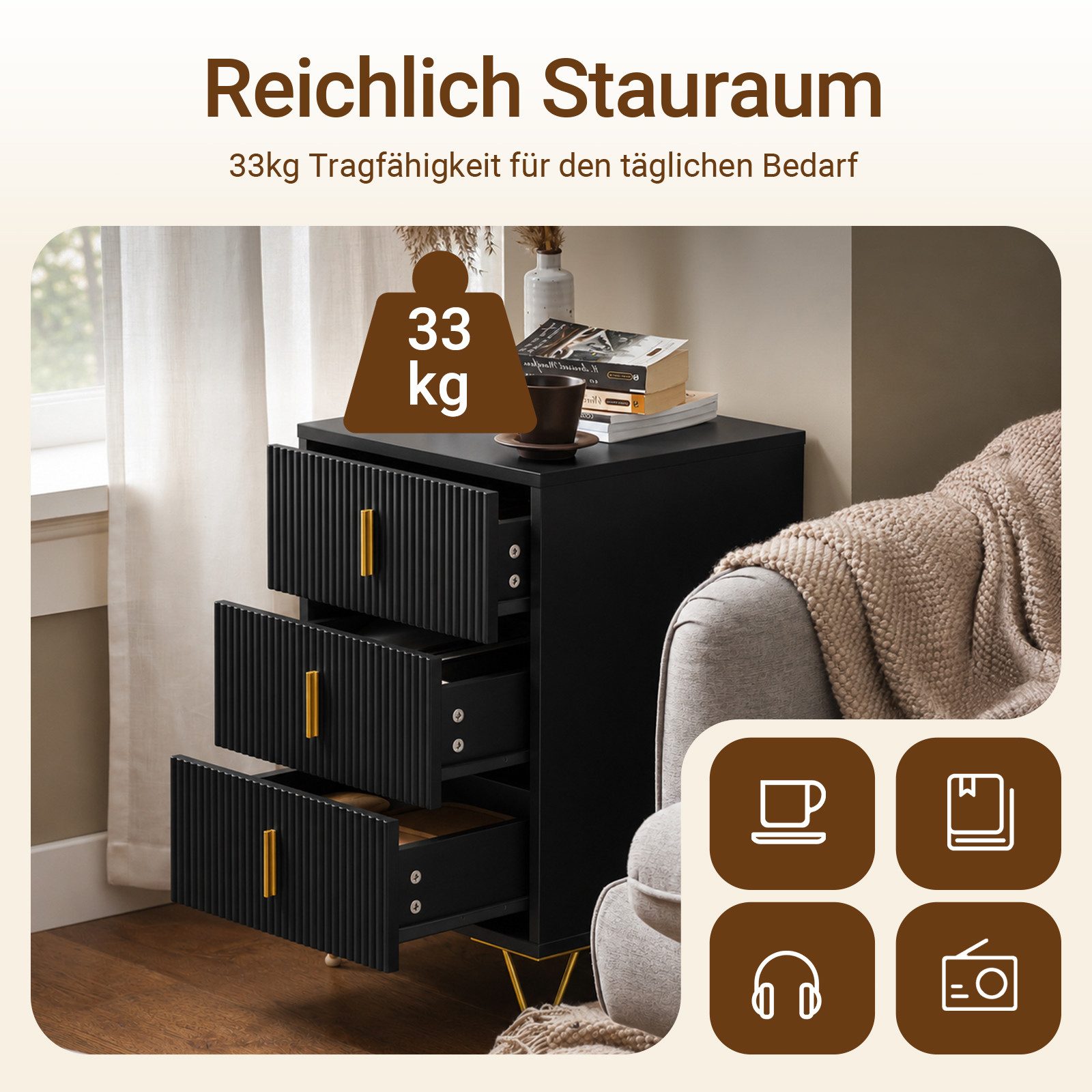 SoBuy Nachttisch FBT115-L, Nachtschrank, schmaler Schrank mit 3 Schubladen, Kommode, Beistelltisch für Schlafzimmer und Wohnzimmer, ideal für kleine Räume – Bild 4 von 5