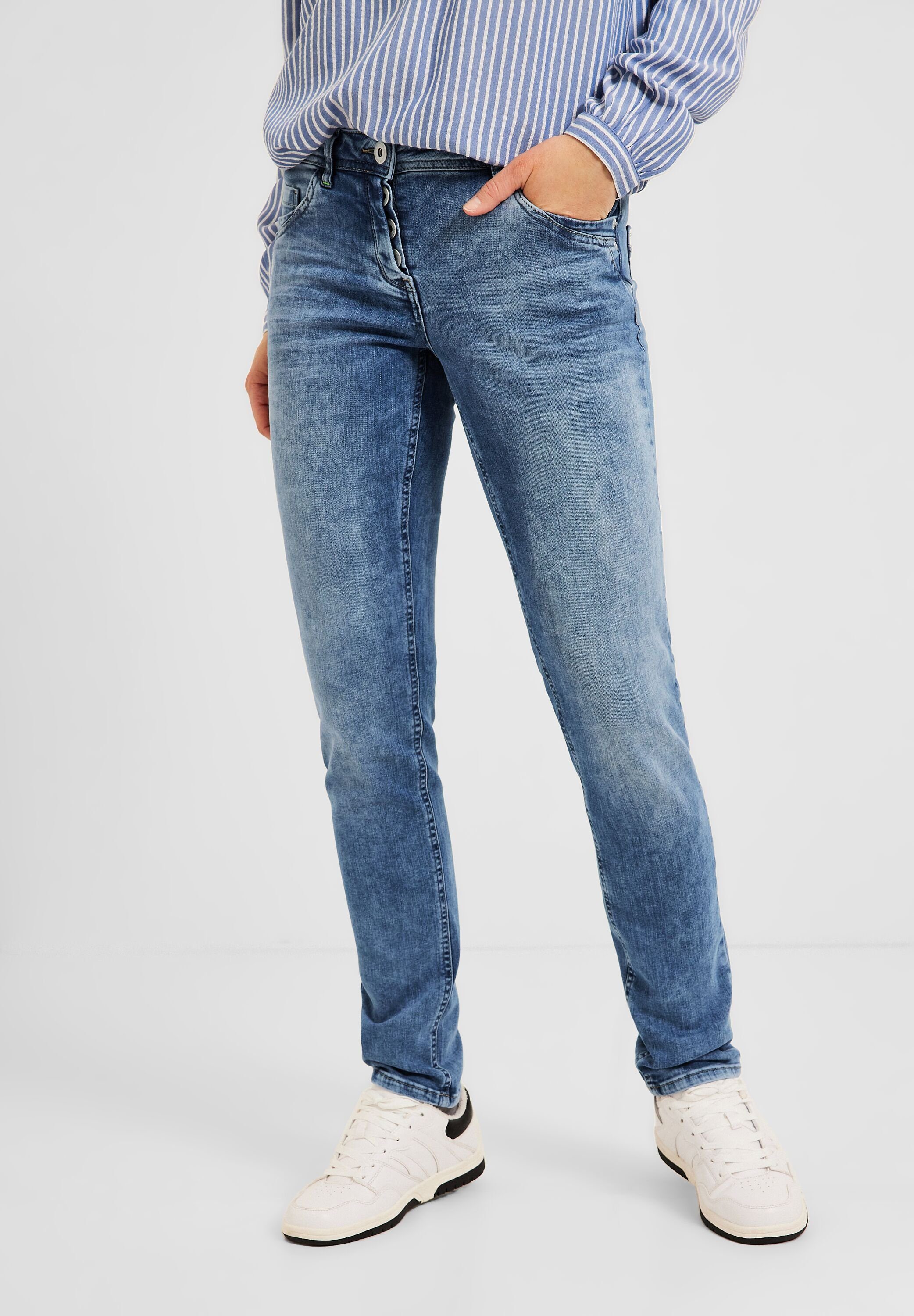 Cecil Bequeme Jeans Cecil Loose Fit Jeans in Mid Blue Random Bleached  (1-tlg) Five Pockets