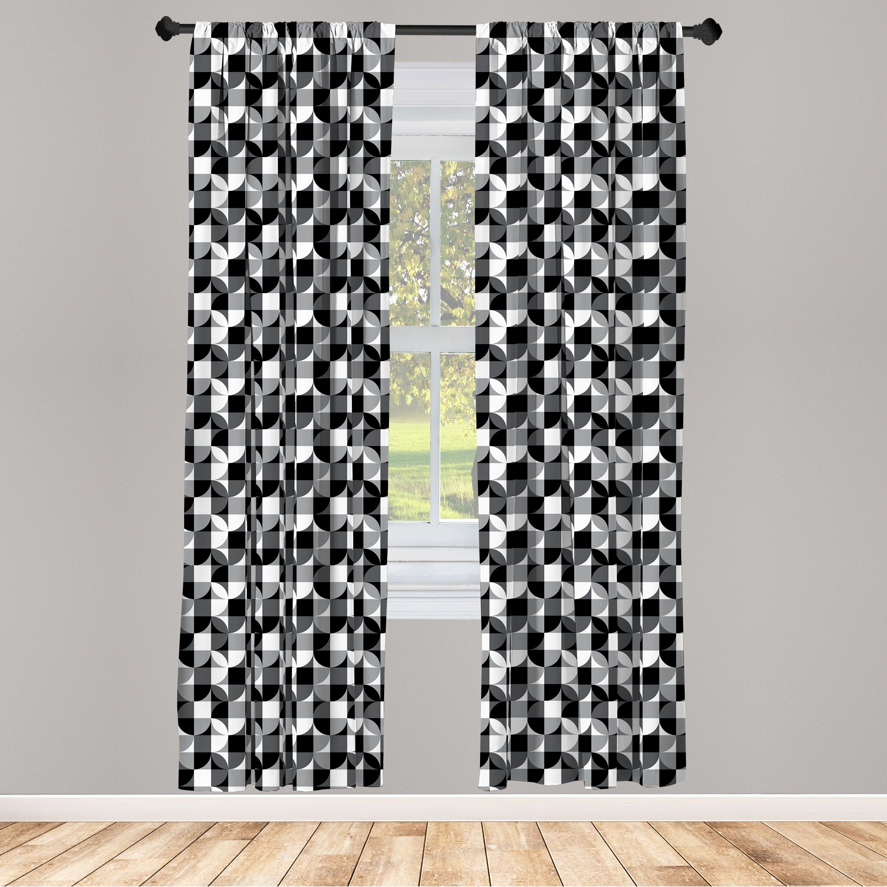 Gardine Vorhang für Wohnzimmer Schlafzimmer Dekor, Abakuhaus, Microfaser, Schwarz und Grau Graustufen- Kreis