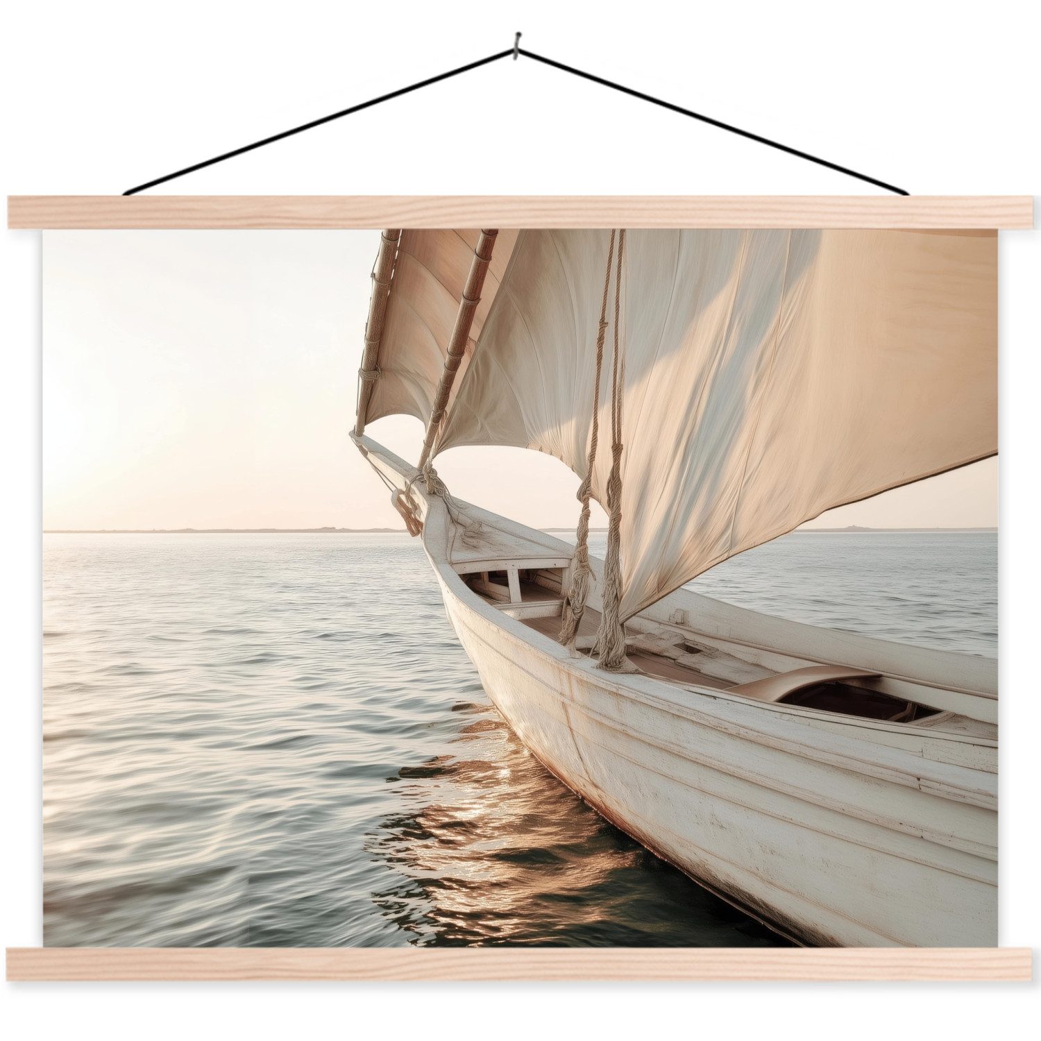MuchoWow Poster Segelboot - Meer - Beige - Sonne, (1 St), Posterleiste, Textilposter für Wohnzimmer, Bilderleiste, 60x45 cm