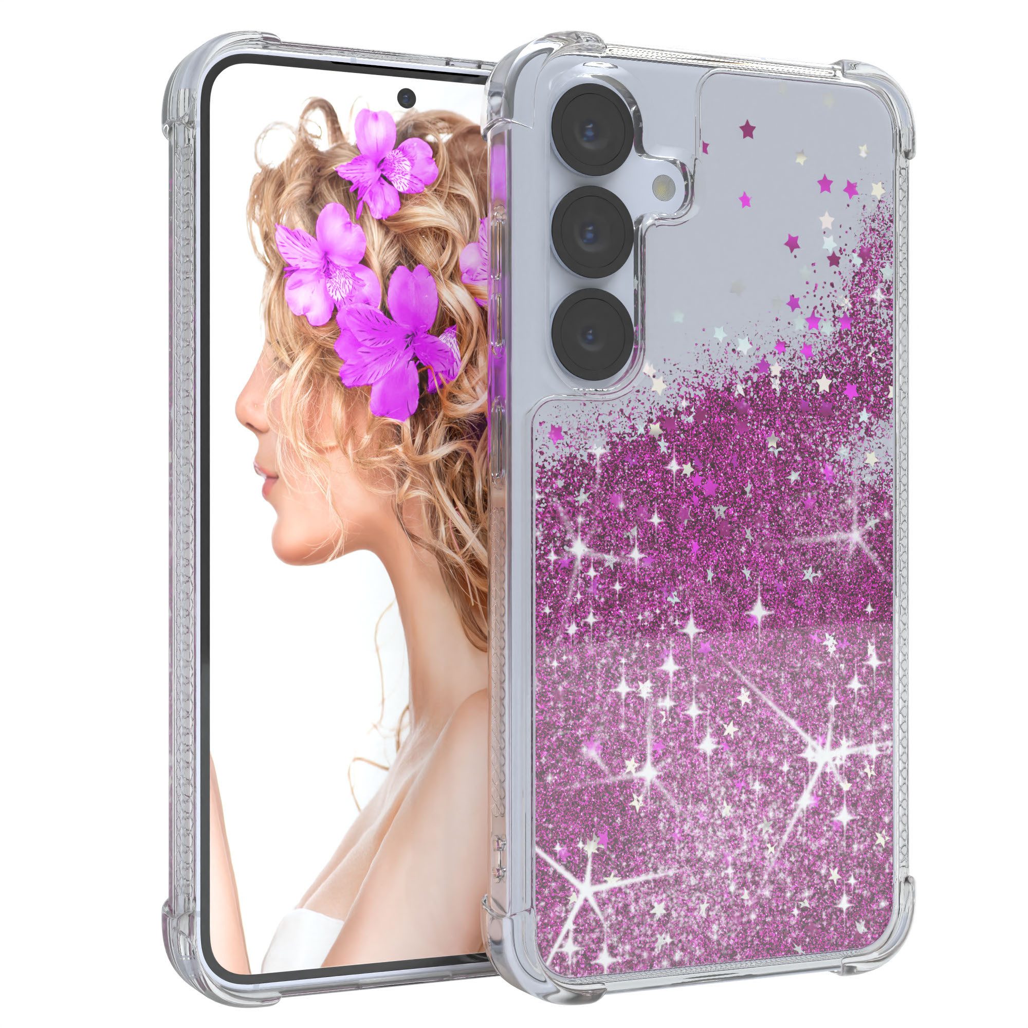 EAZY CASE Handyhülle Liquid Glittery Case für Samsung Galaxy S25 6,2 Zoll, Bumper Case Back Cover Glitter Glossy Handyhülle Etui Violett Lila