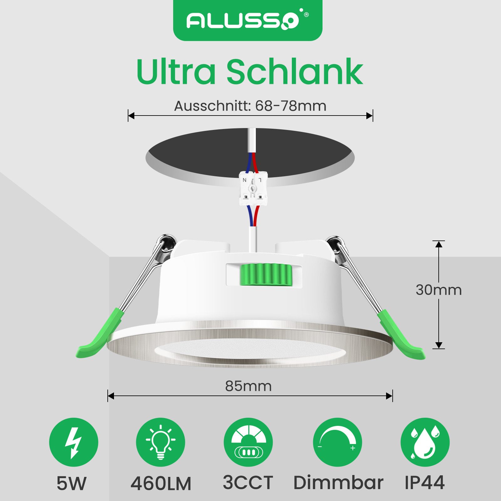 ALUSSO LED Einbaustrahler 10er-Set, 230 V, 68-78 mm, Dimmbar, 5 W, ultrafla günstig online kaufen