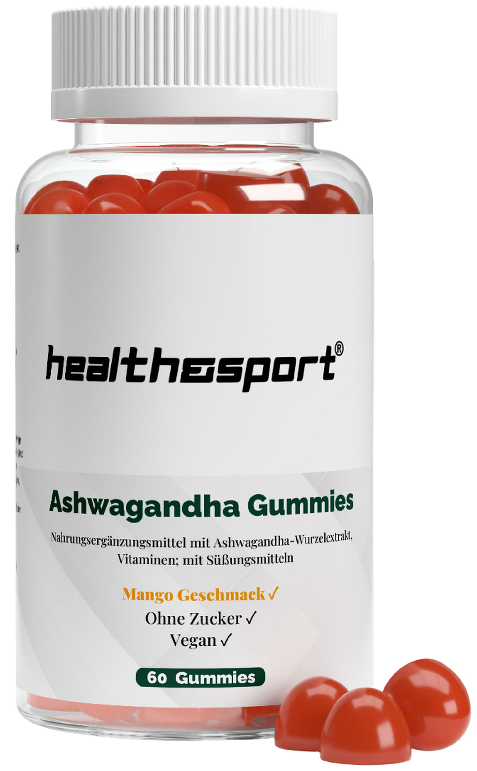 health&sport Ashwagandha + Vitamin B6 Mango Gummies Vegan – Energie & Vitalität Kapseln, 60 St., 180 g
