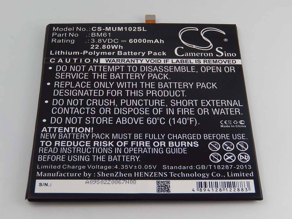 vhbw kompatibel mit Xiaomi MiPad 2, GD4250 Tablet-Akku Li-Polymer 6000 mAh (3,8 V)
