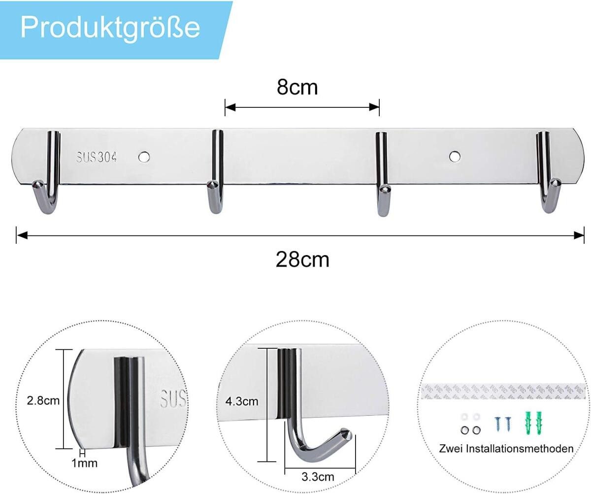 FELIXLEO Garderobenleiste Hängeleiste Edelstahl 4 Haken Selbstklebend Ohne günstig online kaufen