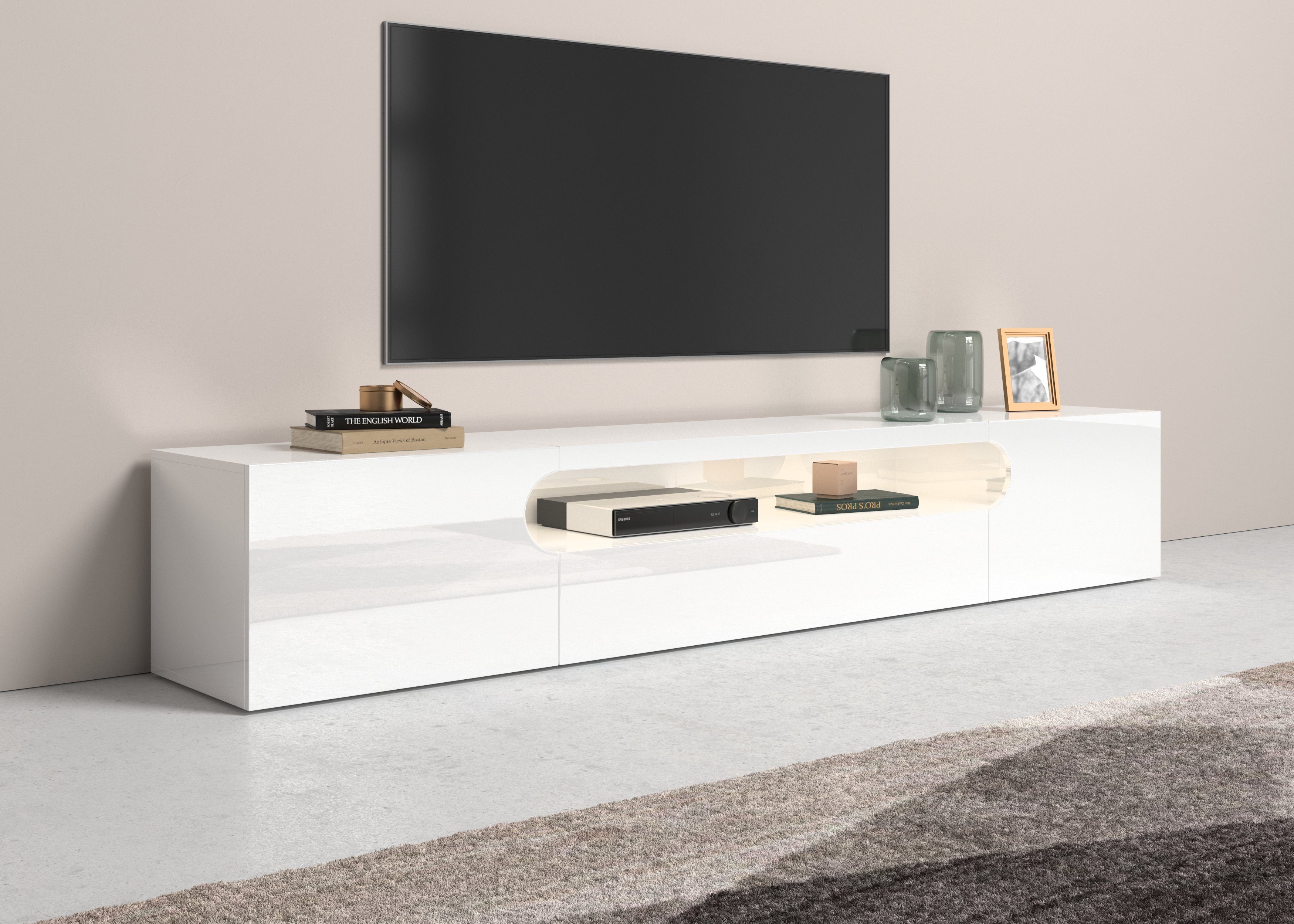 INOSIGN Lowboard Real, Breite 240 cm,TV-Kommode, TV-Möbel, komplett Hochglanz lackiert, mit 2 abgerundeten Türen,1 Klappe, die ein ovales offenes Fach bilden