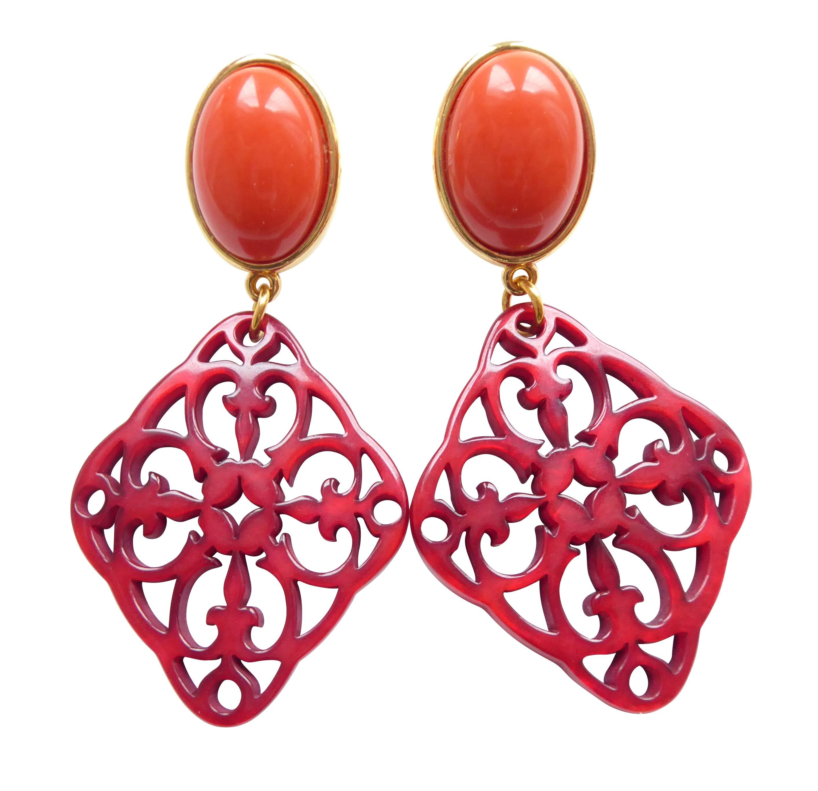 Mugello Paar Ohrclips Frieda Clips koralle-rot modisches Accessoire Boho Sommer, made in Germany Designer JustWin, Statementohrringe