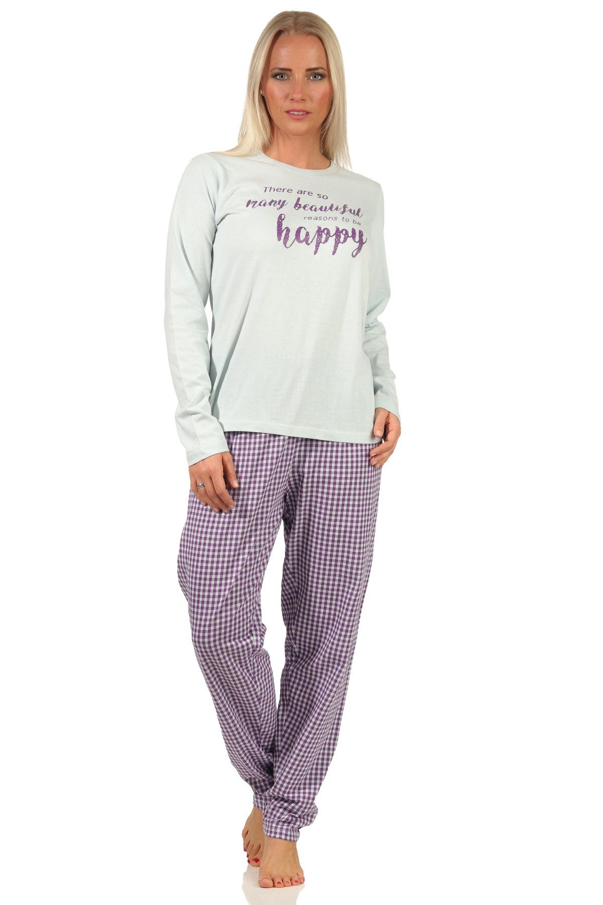 RELAX by Normann Pyjama Damen langarm Schlafanzug mit Schriftzug und karierter Hose - 66536 türkis