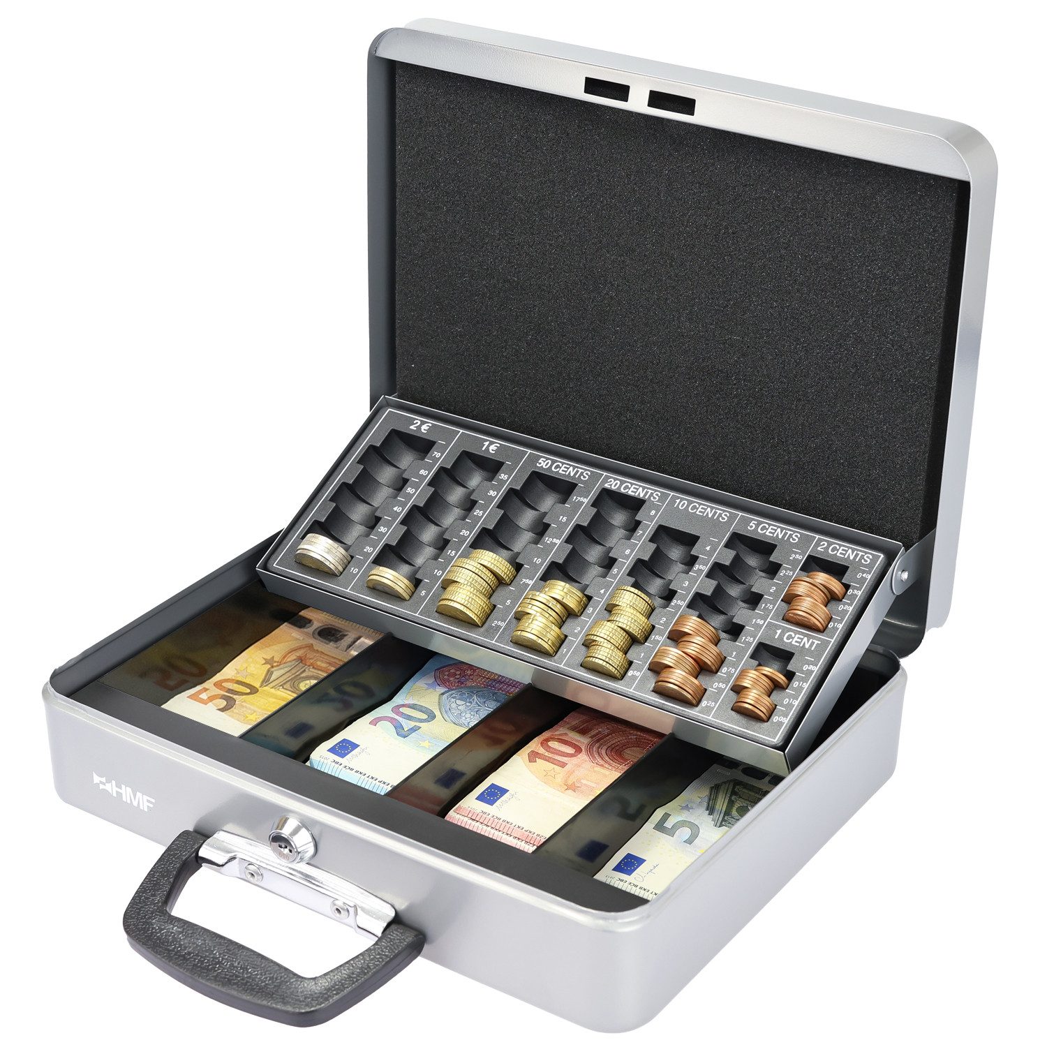HMF Geldkassette 10016-09 Geldkassette abschließbar mit Münzzählbrett, Kasse mit Koffergriff, 30,5 x 24 x 8,5 cm, Silber