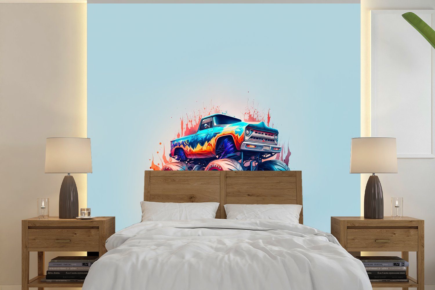 MuchoWow Fototapete Monstertruck - Flammen - Blau - Farbe - Design, Matt, bedruckt, (4 St), Vliestapete für Wohnzimmer Schlafzimmer Küche, Fototapete
