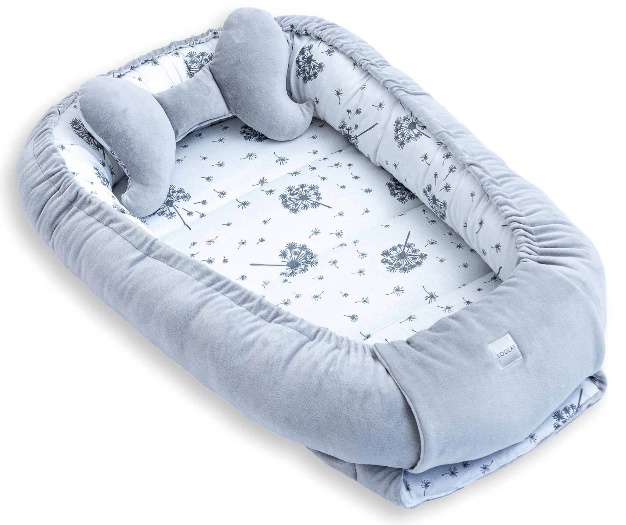 Loolay Kuschelnest BABYNEST + Kissen Premium Babyausstattung - Baumwolle & Samt Velours, (MUSTER: GRAU Samt Velour/ Pustelblume Weiß, 2-tlg., Liebevoll handgefertigt Nestchen! Geborgenheit Komfort für Neugeborene), Premium Ausstattung - 100% Europäische Stoffe und Kleinserien-Nähen!