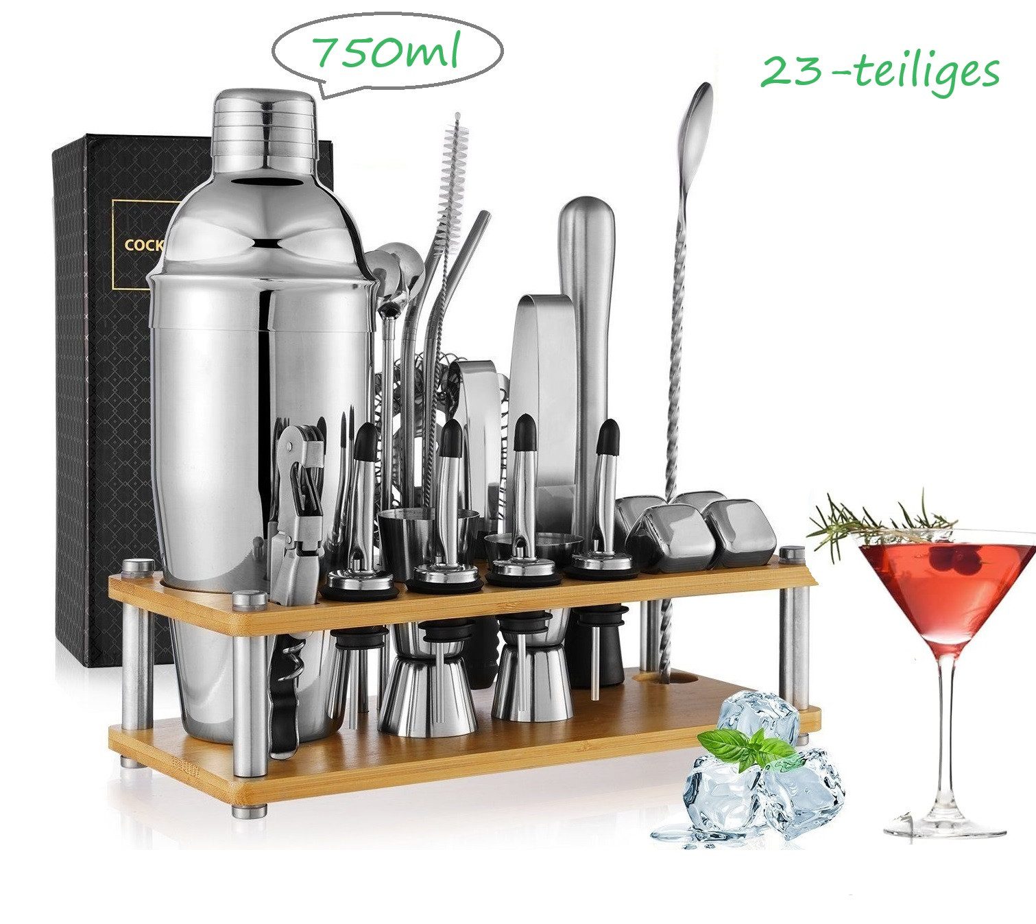 Cocktail Shaker 750ML 23 Teiliges Edelstahl Barkeeper Kit