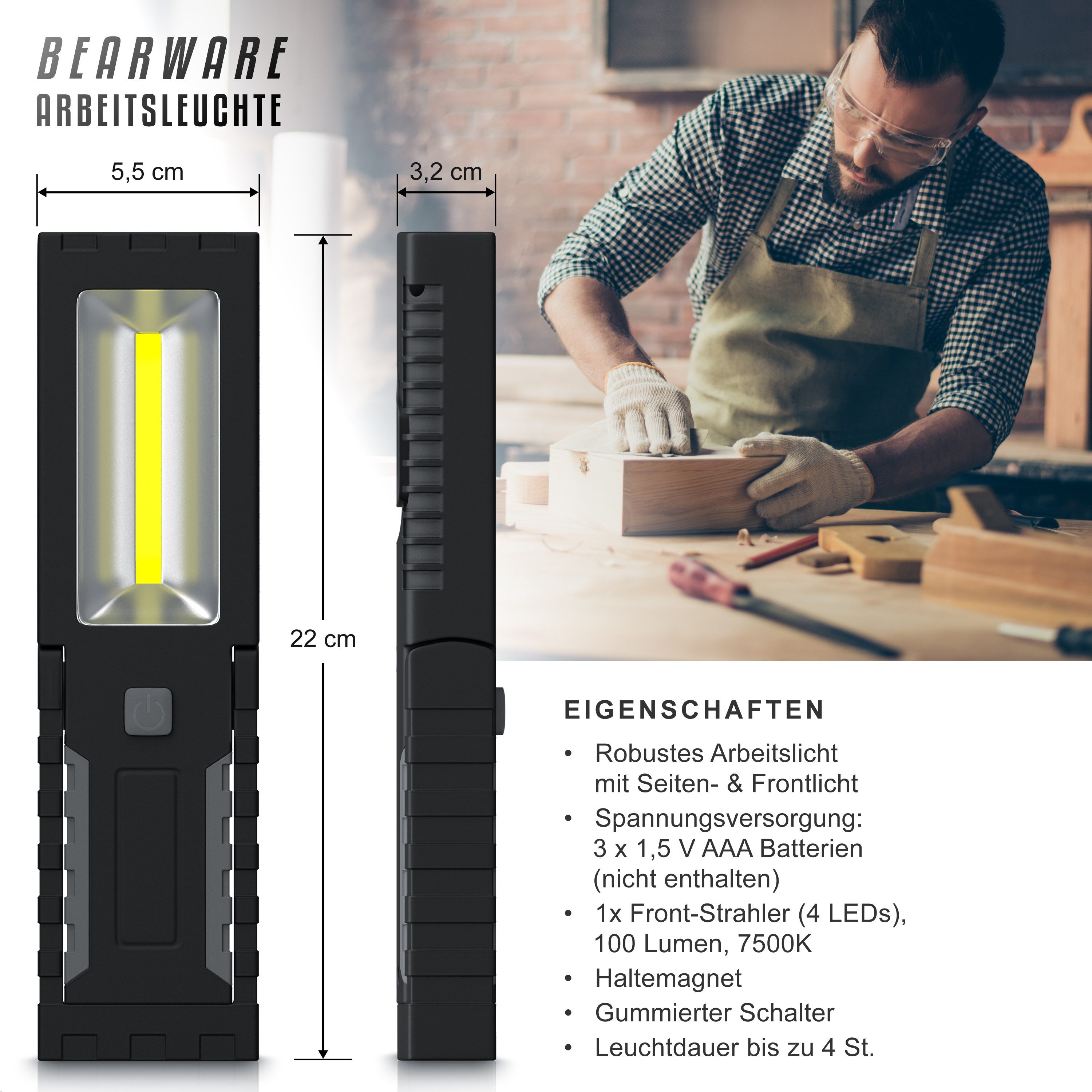 BEARWARE LED Arbeitsleuchte Werkstattlampe, Taschenlampe, Handlampe, batteriebetrieben, 200 Lumen, Ein-/Ausschalter, LED fest integriert, Kaltweiß, mit Seiten LED, Stütze, Haken & Magnetfuß, für KFZ Haushalt Werkstatt