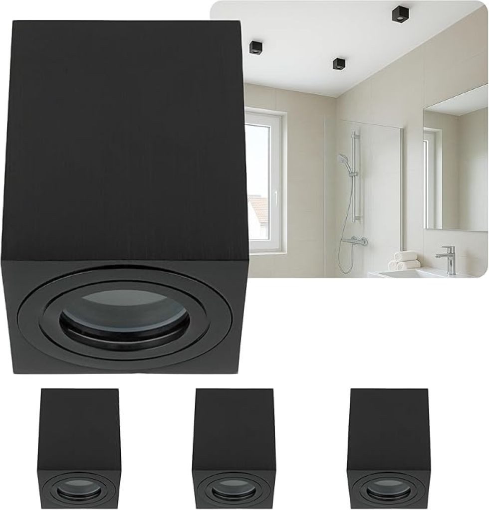 Sweet LED Aufbauleuchte 4er Set GU10 für Bad & Küche IP44 Deckenspots eckig schwarz 230V, spritzwassergeschützt, ohne Leuchtmittel, Aufbaustrahler LED, Aufbauspot, Deckenleuchte