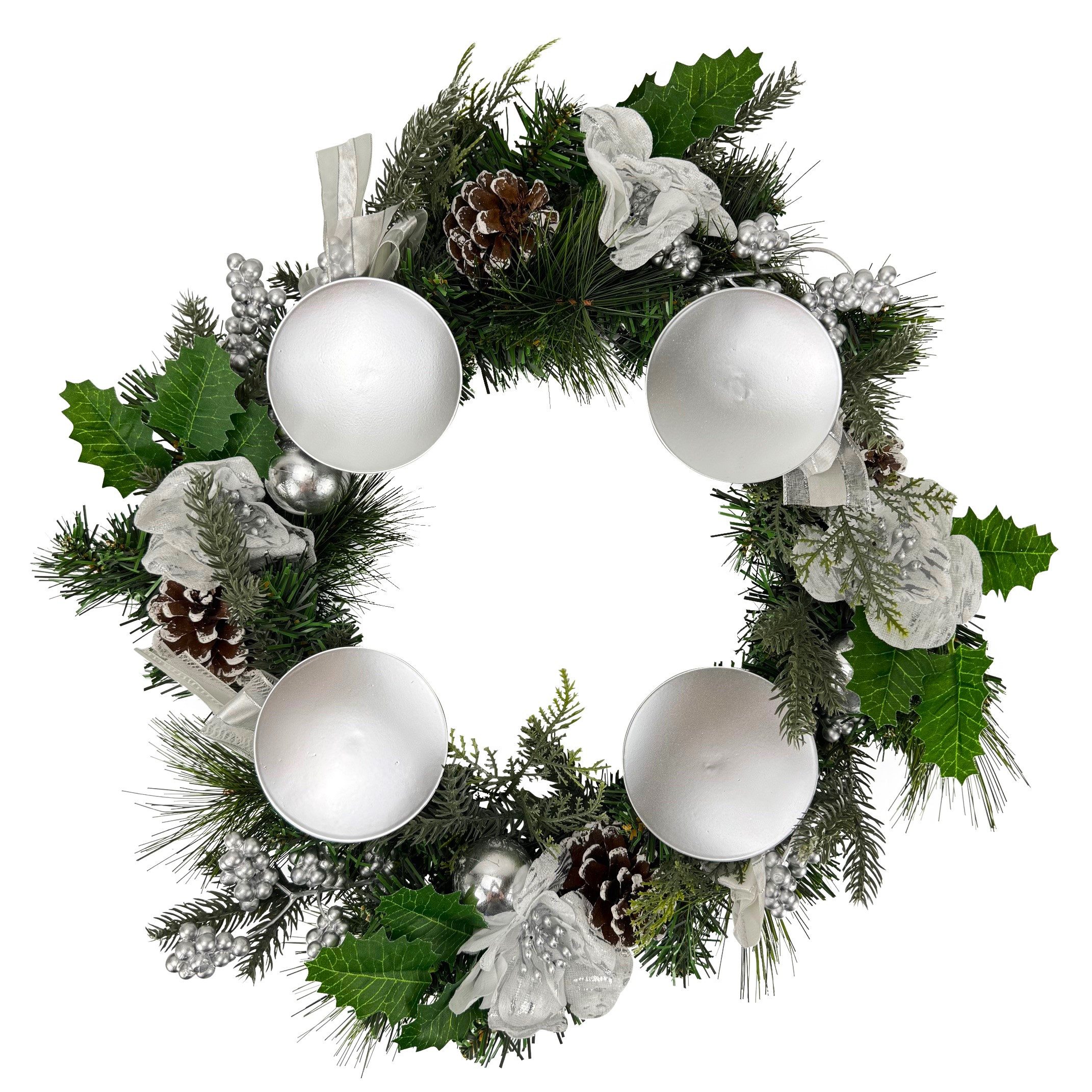 Online-Fuchs Adventskranz und Türkranz, 2in1 in Silber - Kerzenhalter aus Metall, liebevoll dekorierte Weihnachtsdekoration