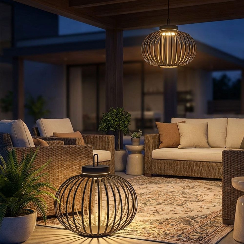 JUST LIGHT LED Außen-Tischleuchte, LED-Leuchtmittel fest verbaut, Warmweiß, LED Tischleuchte Pendellampe Akku Bambus schwarz USB Touchdimmer 2x